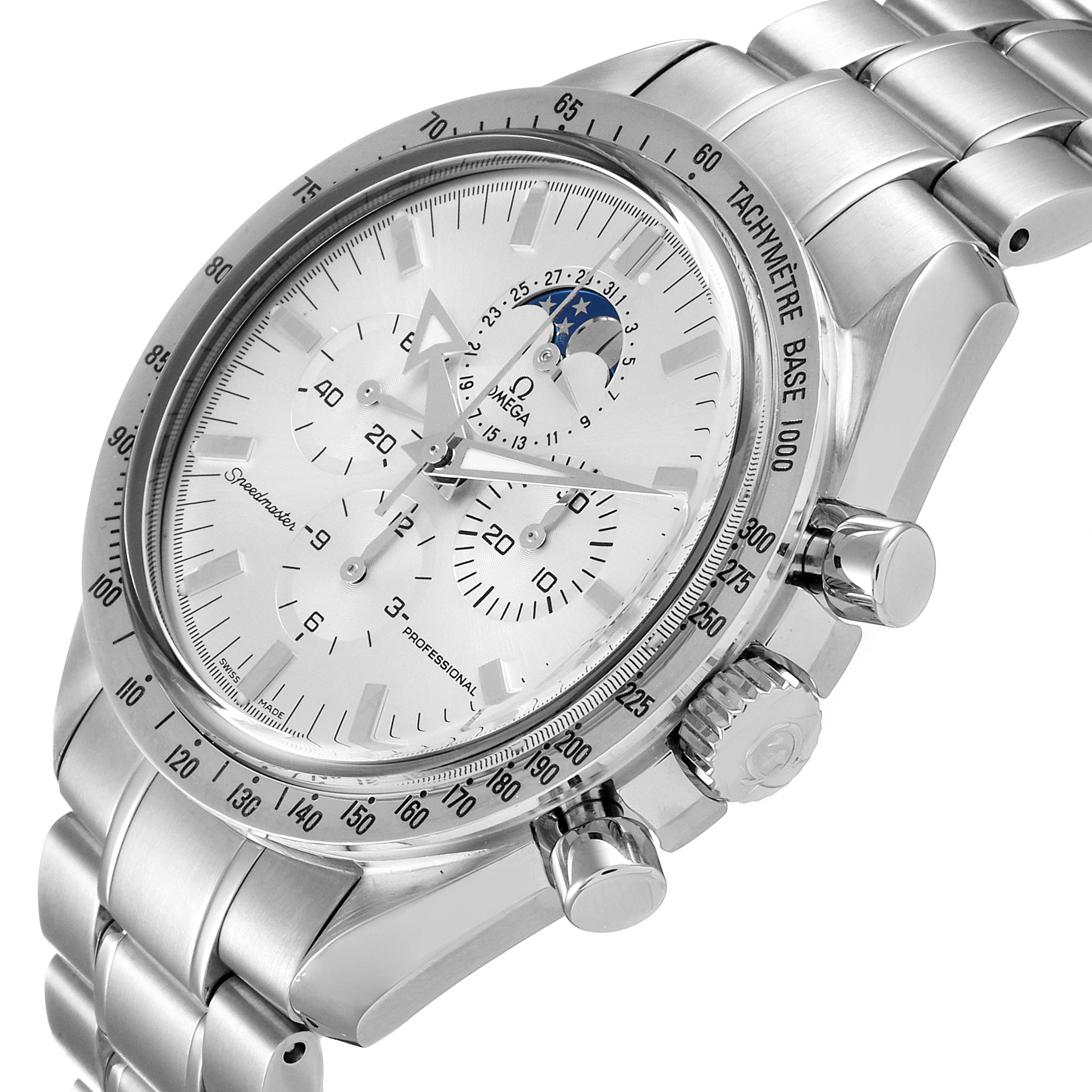 This Omega Speedmaster 3575.30.00 Men
s Stainless Steel Silver Dial 3575.30.00 Men
s Stainless Steel Silver Dial watch is shown at an angle displaying the dial, tachymeter bezel, crown, and pushers.