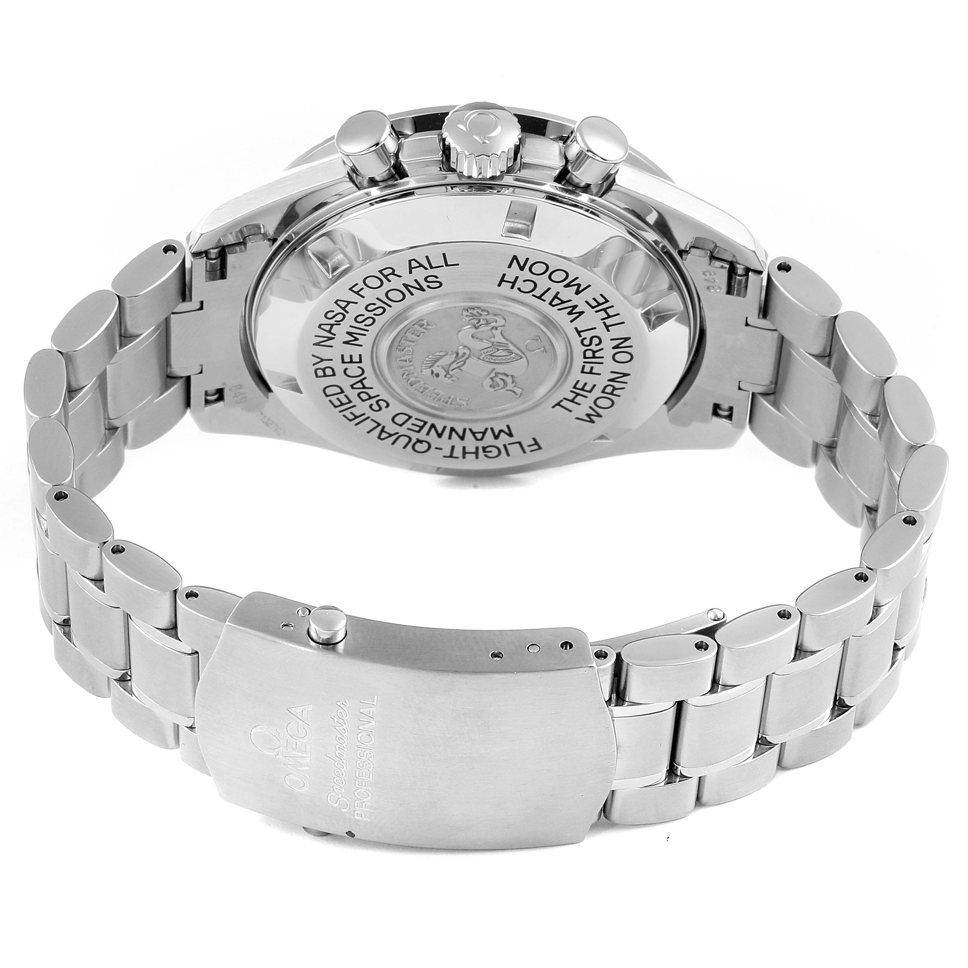 The image shows the back case, bracelet, and clasp of an Omega Speedmaster 3575.30.00 Men
s Stainless Steel Silver Dial 3575.30.00 Men
s Stainless Steel Silver Dial watch, viewed from an angled back perspective.