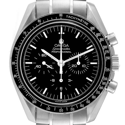 The image shows a frontal close-up of an Omega Speedmaster watch, displaying the dial, bezel, and part of the bracelet.