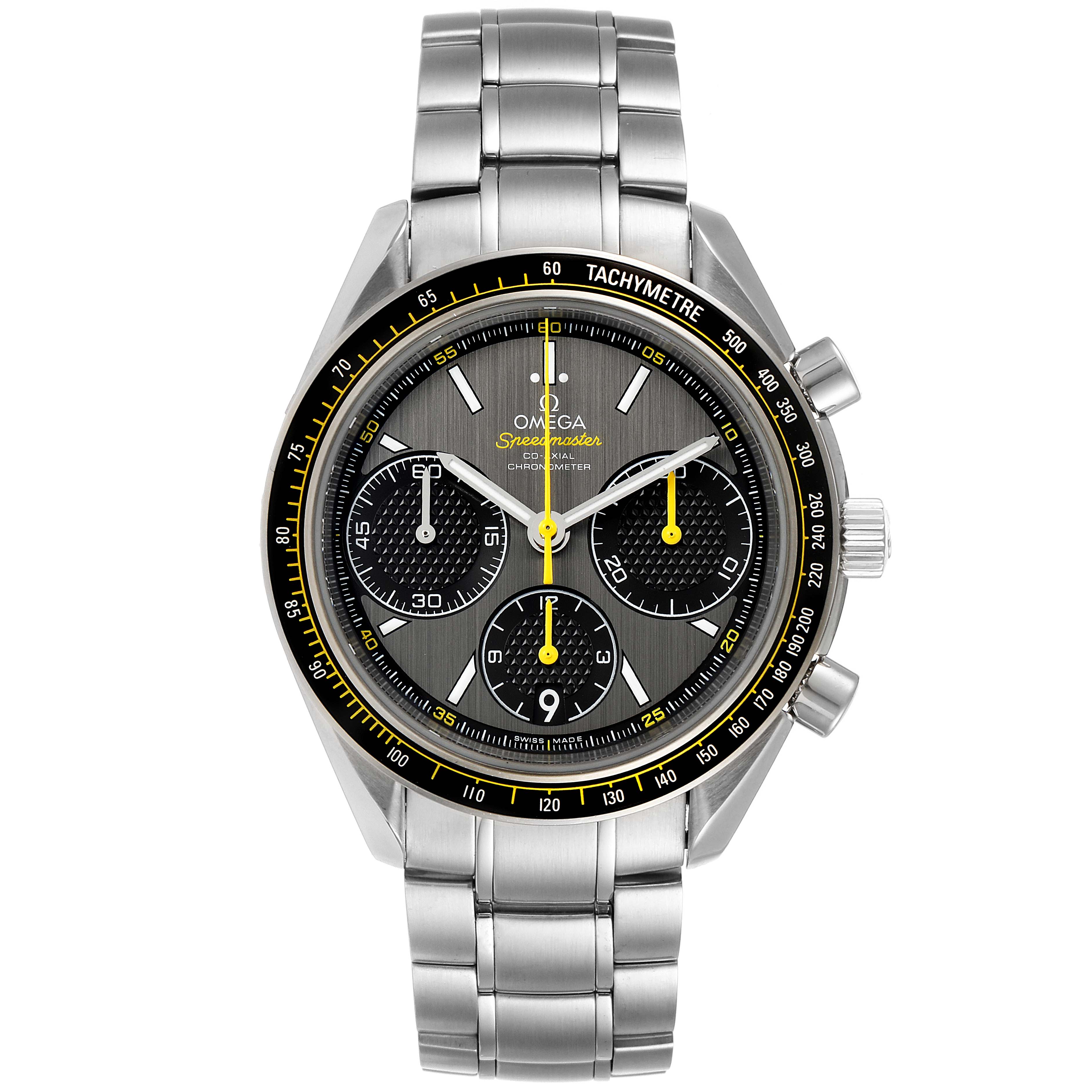 The image shows a front view of an Omega Speedmaster 326.30.40.50.06.001 Men
s Stainless Steel Grey Dial 326.30.40.50.06.001 Men
s Stainless Steel Grey Dial watch, showcasing the dial, subdials, bezel, and metal bracelet.