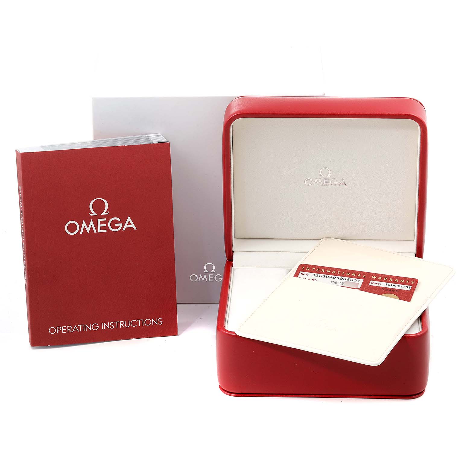 The image shows an Omega Speedmaster 326.30.40.50.06.001 Men
s Stainless Steel Grey Dial 326.30.40.50.06.001 Men
s Stainless Steel Grey Dial set, including the red watch box, operating instructions, and an international warranty card.