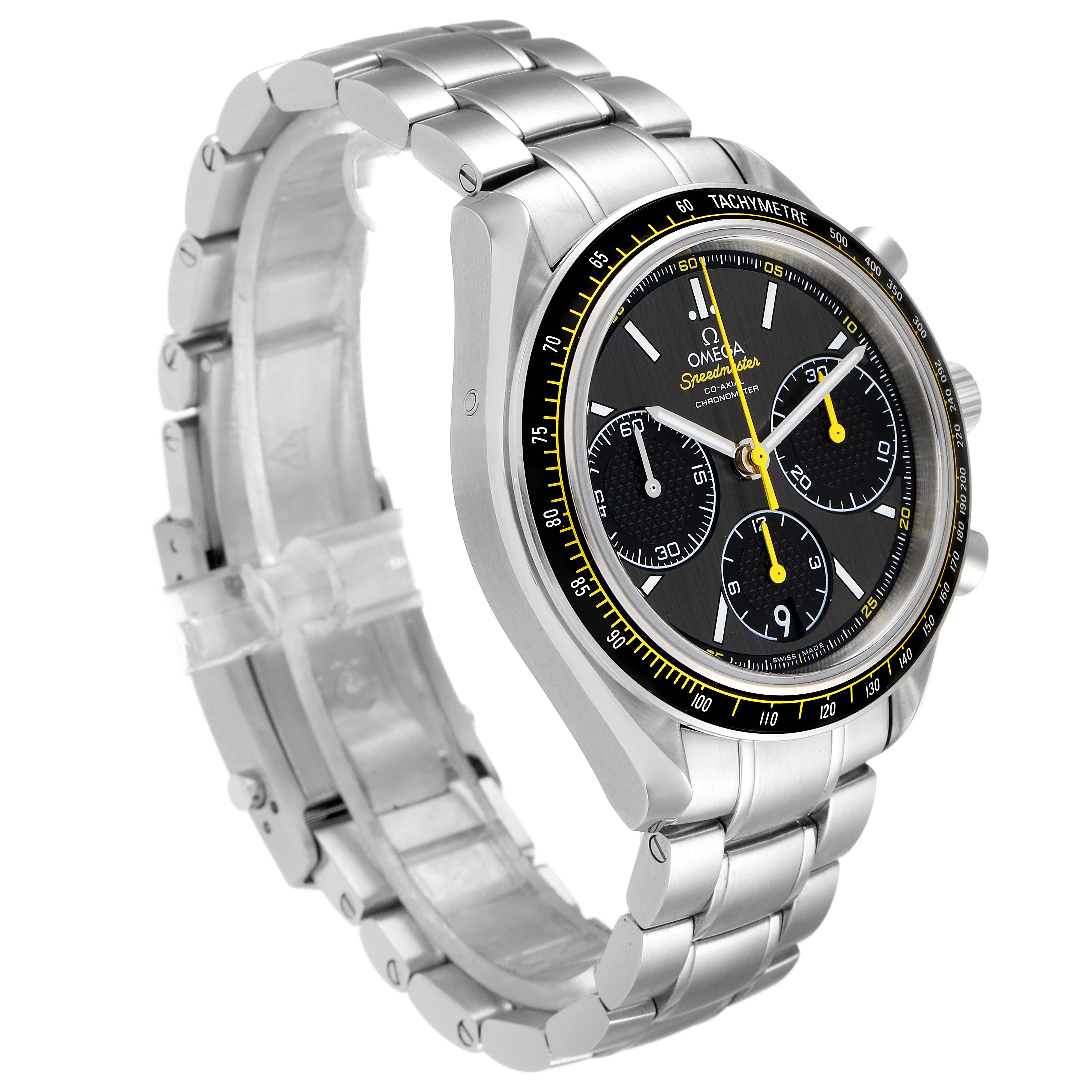 The image shows an Omega Speedmaster 326.30.40.50.06.001 Men
s Stainless Steel Grey Dial 326.30.40.50.06.001 Men
s Stainless Steel Grey Dial watch from a 3/4 angle, highlighting its dial, bracelet, and tachymeter bezel.