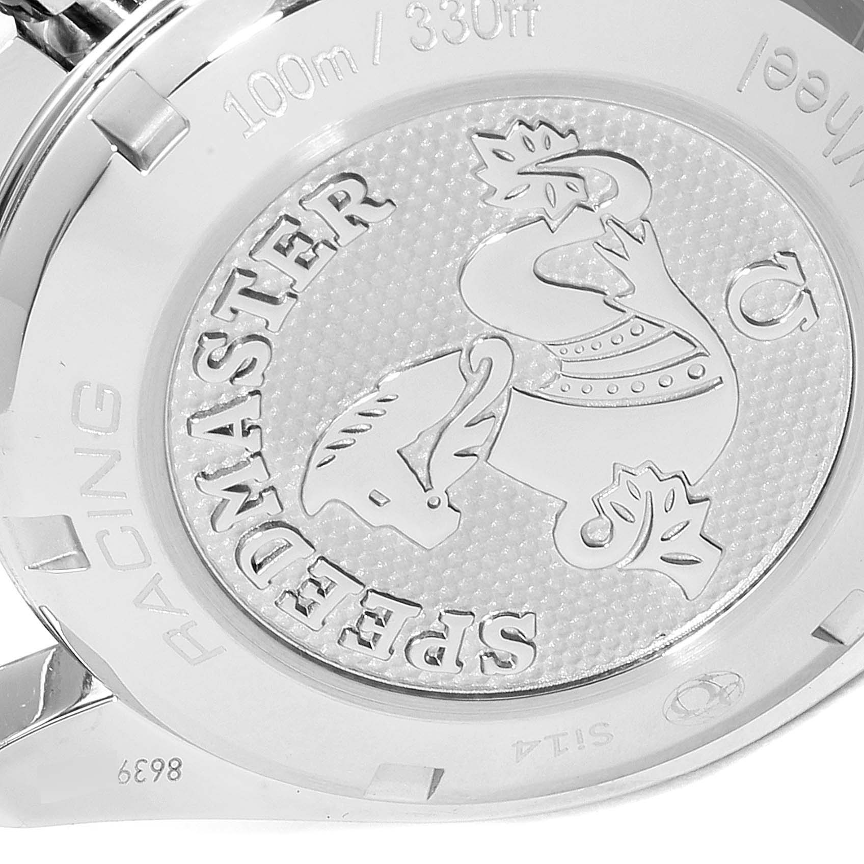 This image shows the case back of the Omega Speedmaster 326.30.40.50.06.001 Men
s Stainless Steel Grey Dial 326.30.40.50.06.001 Men
s Stainless Steel Grey Dial watch from a close-up, angled slightly to the side.