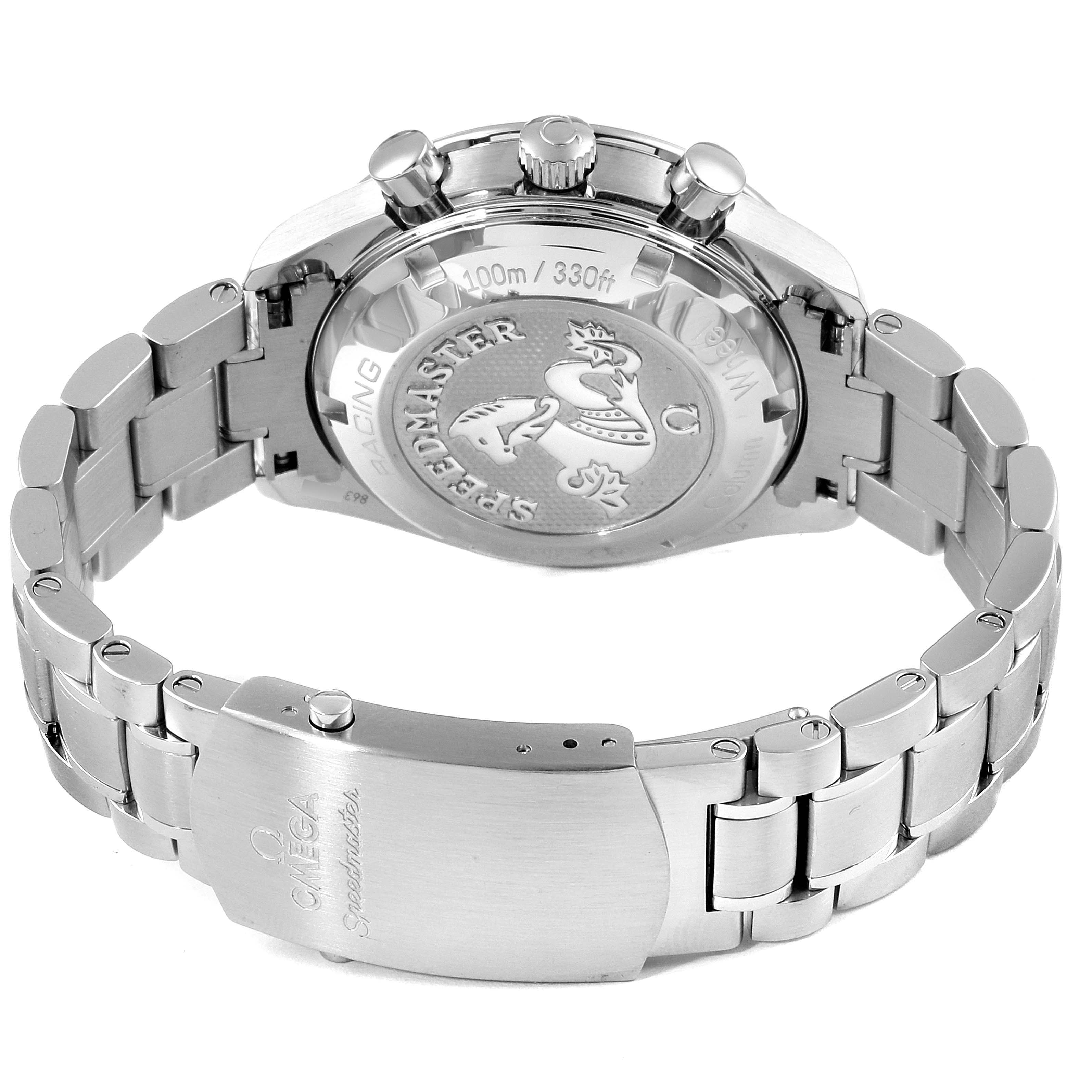 The image shows the back and clasp of the Omega Speedmaster 326.30.40.50.06.001 Men
s Stainless Steel Grey Dial 326.30.40.50.06.001 Men
s Stainless Steel Grey Dial watch, highlighting its bracelet and case back engraving.