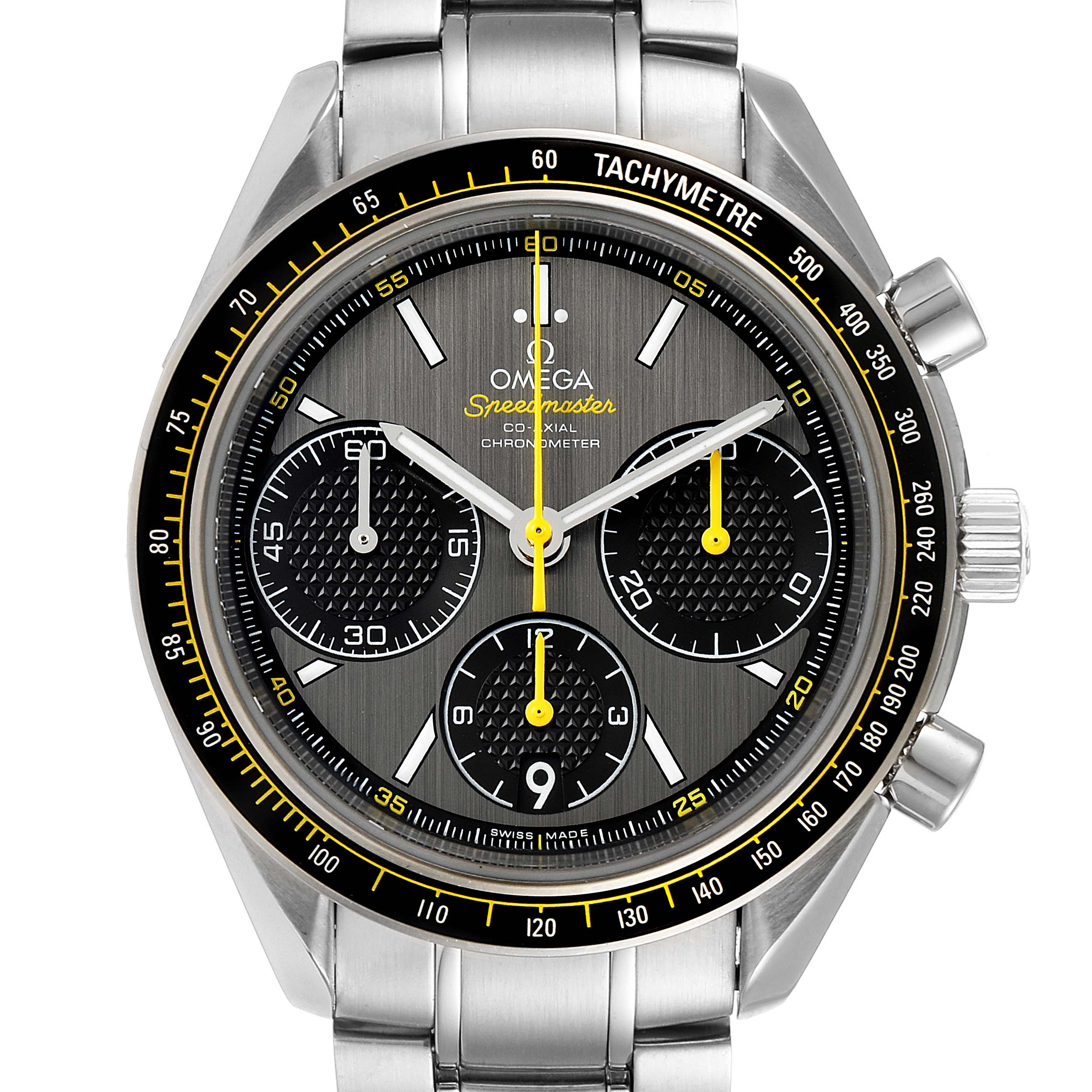 This Omega Speedmaster 326.30.40.50.06.001 Men
s Stainless Steel Grey Dial 326.30.40.50.06.001 Men
s Stainless Steel Grey Dial watch is shown from the front, displaying its dial, chronograph sub-dials, and tachymeter bezel.