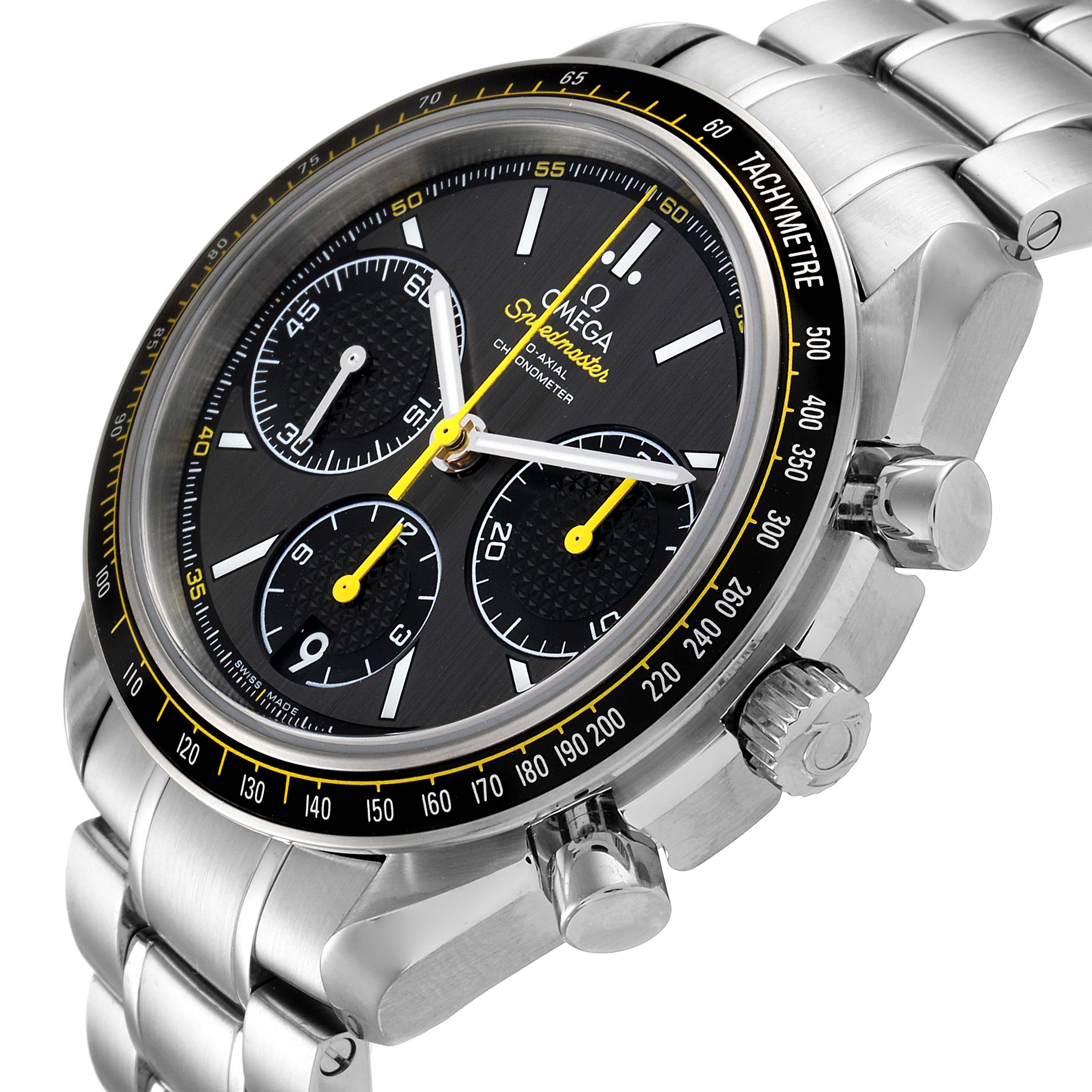 The watch is an Omega Speedmaster 326.30.40.50.06.001 Men
s Stainless Steel Grey Dial 326.30.40.50.06.001 Men
s Stainless Steel Grey Dial shown at a slight angle, highlighting its face, bezel, crown, and bracelet.