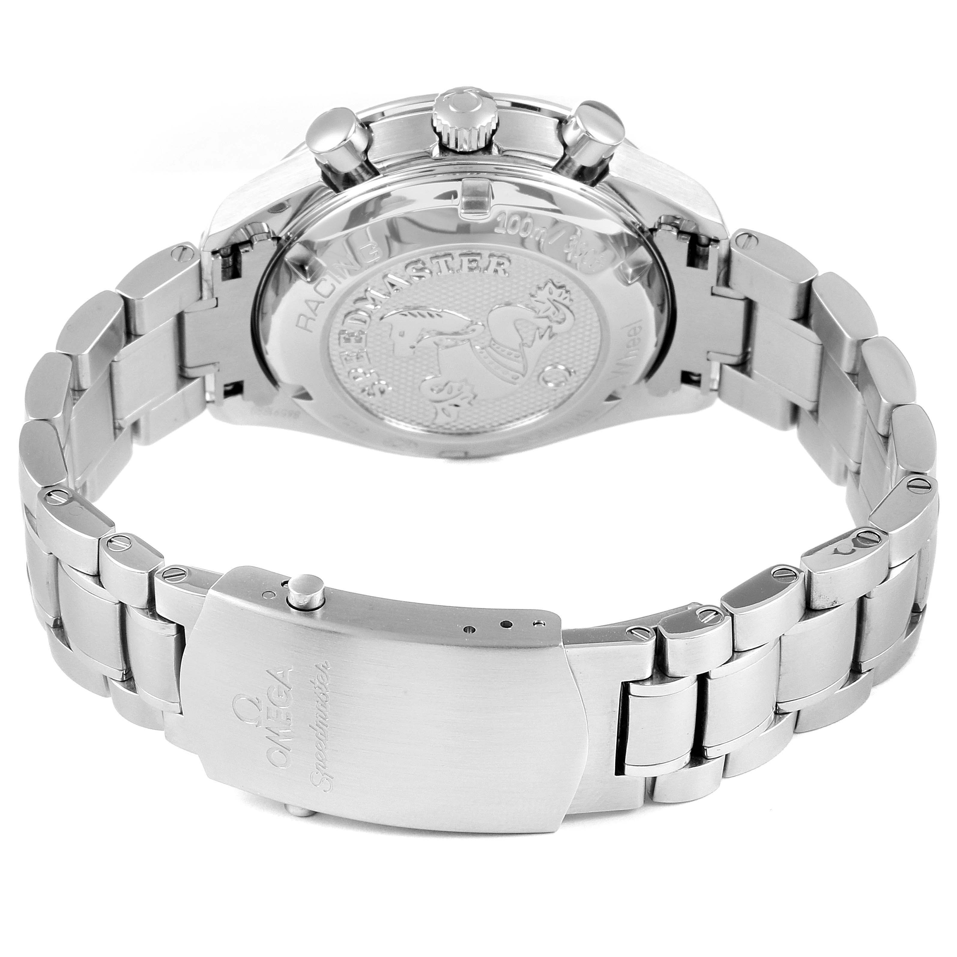 The image shows the back and clasp of an Omega Speedmaster 326.30.40.50.11.001 Men
s Stainless Steel Red Dial 326.30.40.50.11.001 Men
s Stainless Steel Red Dial watch, highlighting its metal bracelet and case back.