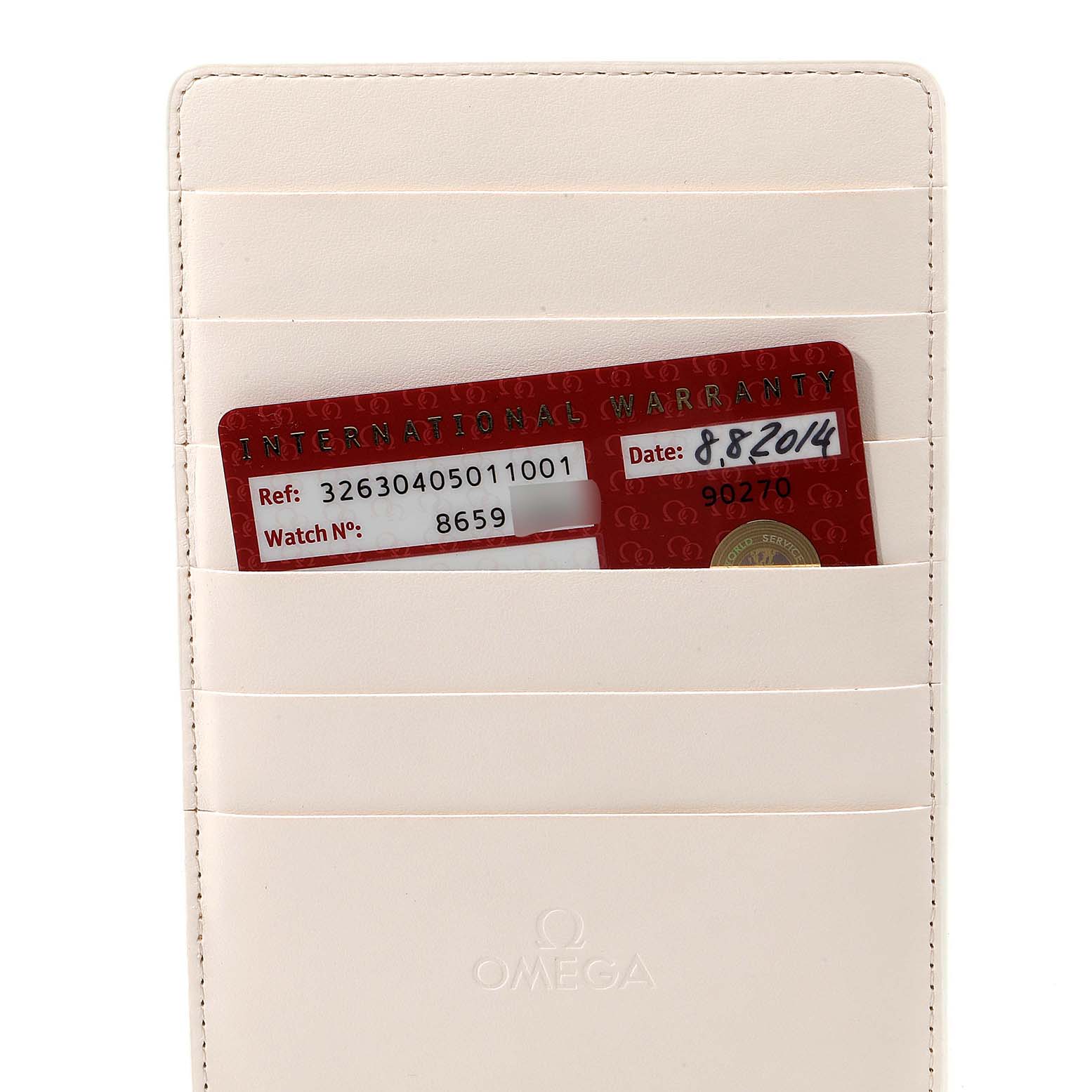 The image shows an Omega Speedmaster 326.30.40.50.11.001 Men
s Stainless Steel Red Dial 326.30.40.50.11.001 Men
s Stainless Steel Red Dial
s international warranty card inside an Omega-branded cardholder.