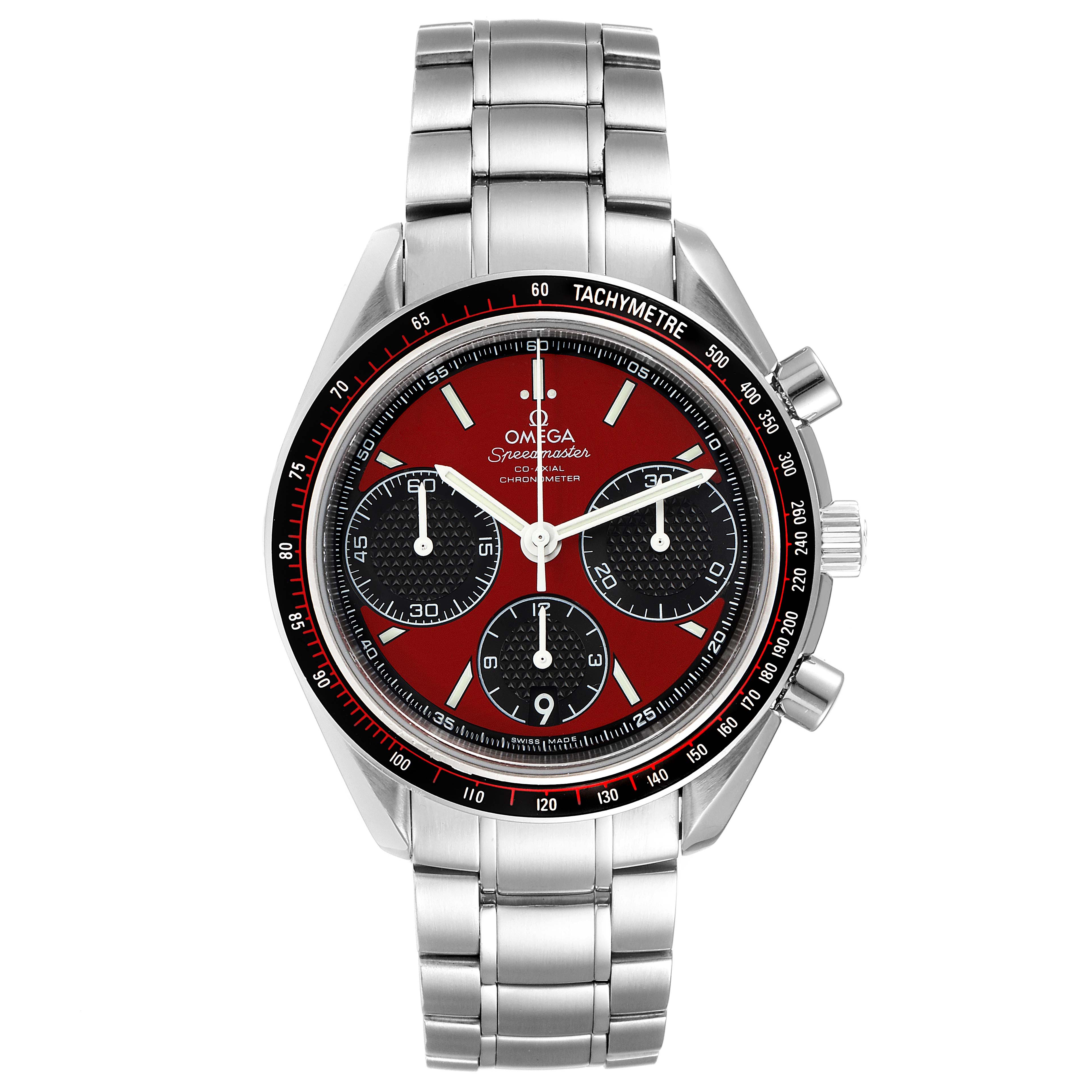 The image shows a front view of the Omega Speedmaster 326.30.40.50.11.001 Men
s Stainless Steel Red Dial 326.30.40.50.11.001 Men
s Stainless Steel Red Dial watch, highlighting the dial, bezel, and bracelet.
