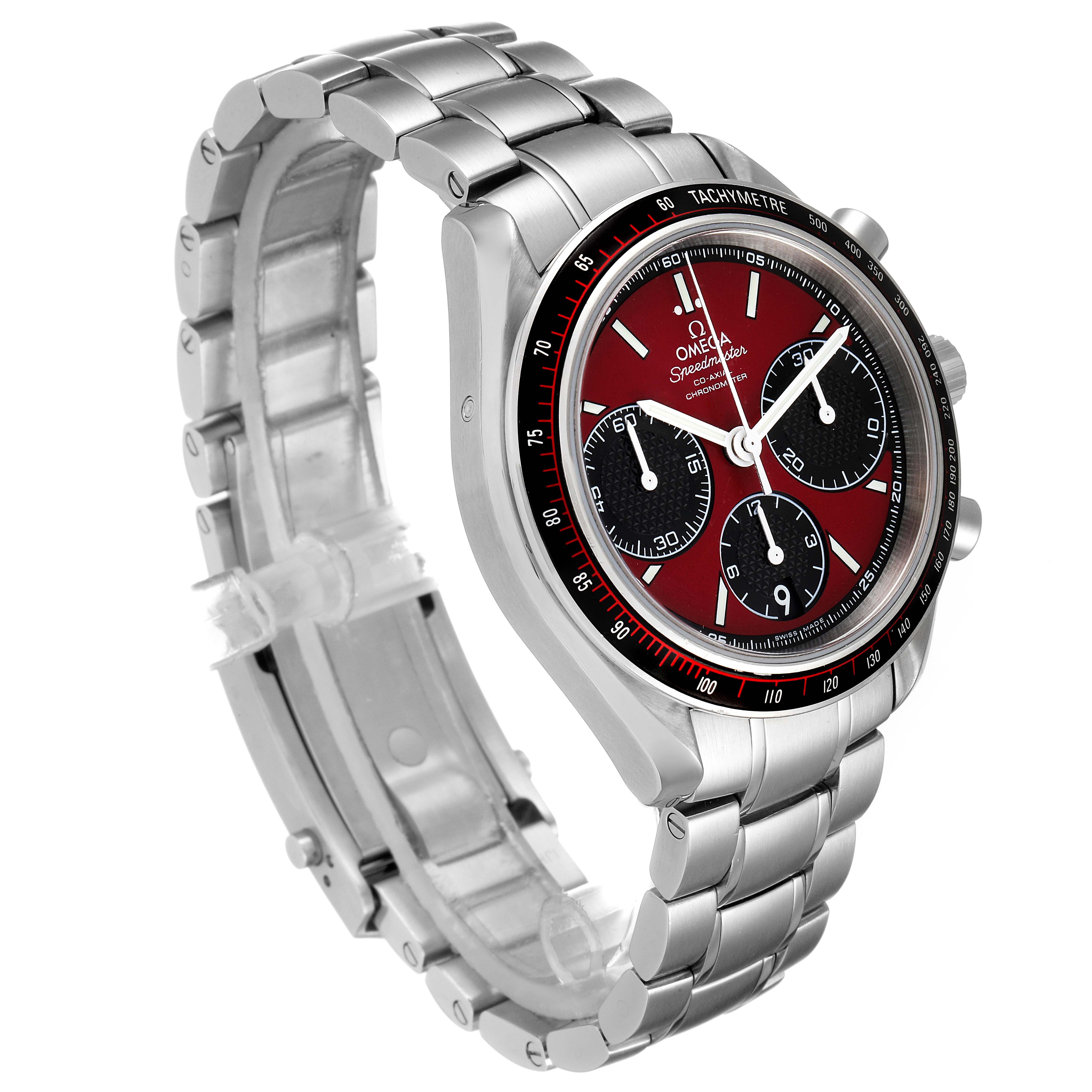 The image shows an Omega Speedmaster 326.30.40.50.11.001 Men
s Stainless Steel Red Dial 326.30.40.50.11.001 Men
s Stainless Steel Red Dial watch at a 3/4 angle, highlighting the stainless steel bracelet and tachymeter bezel.