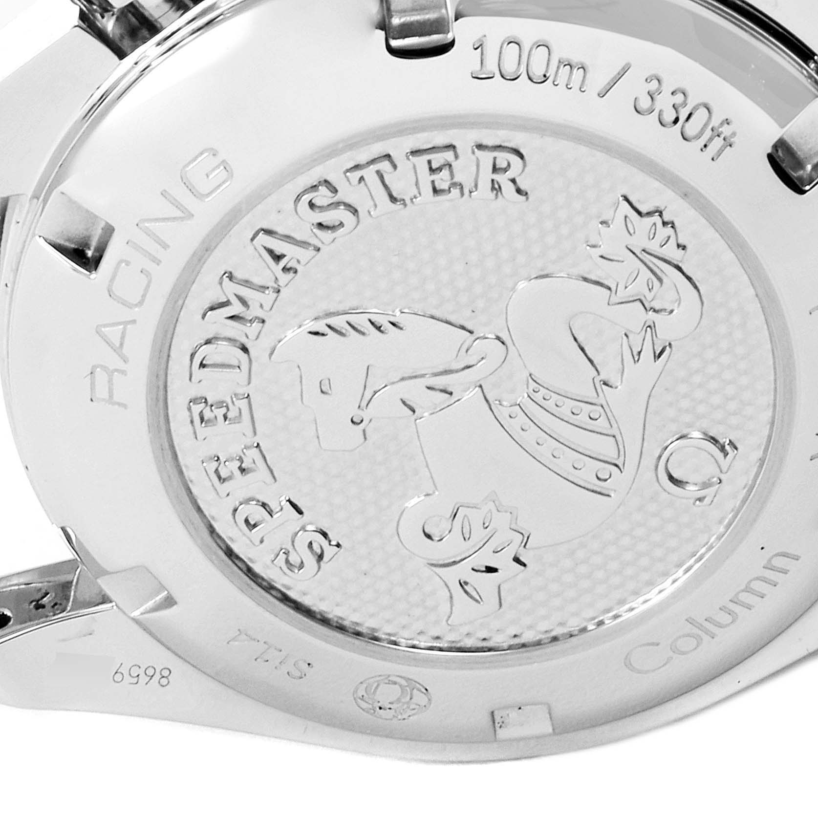 The image shows the back case of the Omega Speedmaster 326.30.40.50.11.001 Men
s Stainless Steel Red Dial 326.30.40.50.11.001 Men
s Stainless Steel Red Dial Racing watch with engraved markings and logo.