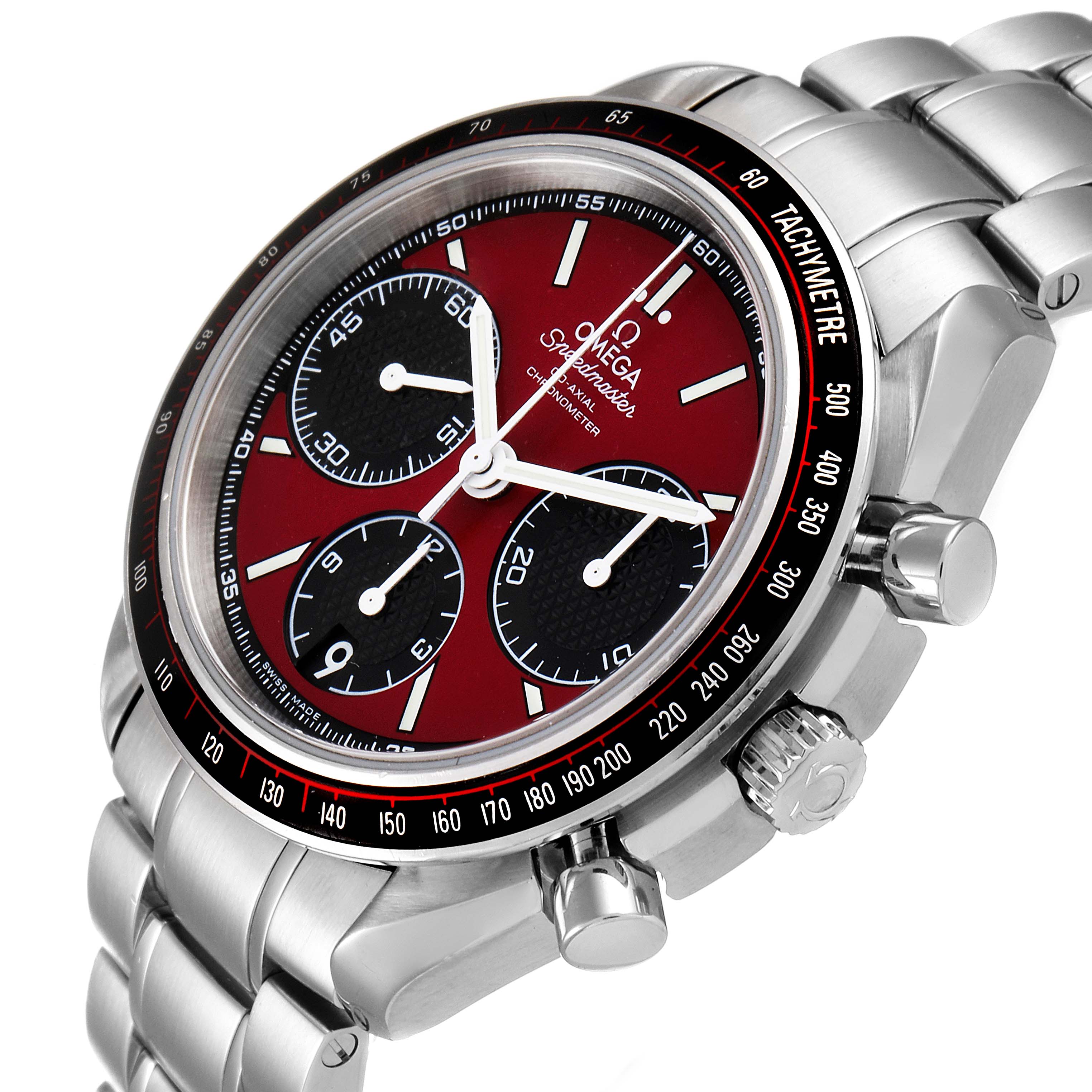 The image shows a close-up angle of the Omega Speedmaster 326.30.40.50.11.001 Men
s Stainless Steel Red Dial 326.30.40.50.11.001 Men
s Stainless Steel Red Dial watch, highlighting its bezel, dial, and stainless steel bracelet.