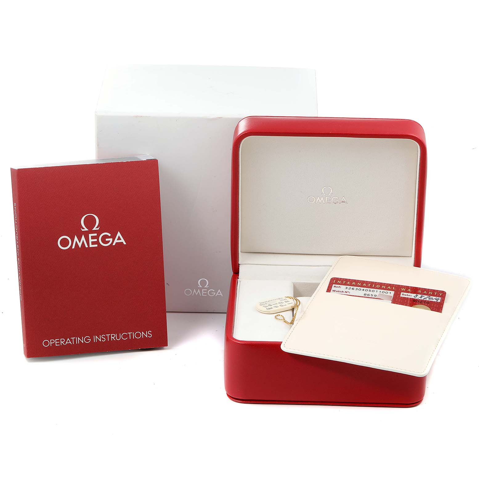 The image shows the Omega Speedmaster 326.30.40.50.11.001 Men
s Stainless Steel Red Dial 326.30.40.50.11.001 Men
s Stainless Steel Red Dial
s red watch box, operating instructions, and warranty card.