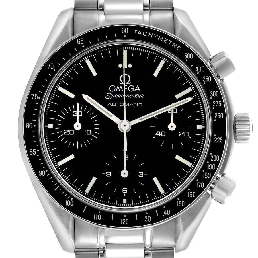 The image shows a frontal view of an Omega Speedmaster watch, highlighting its dial, bezel, and bracelet.