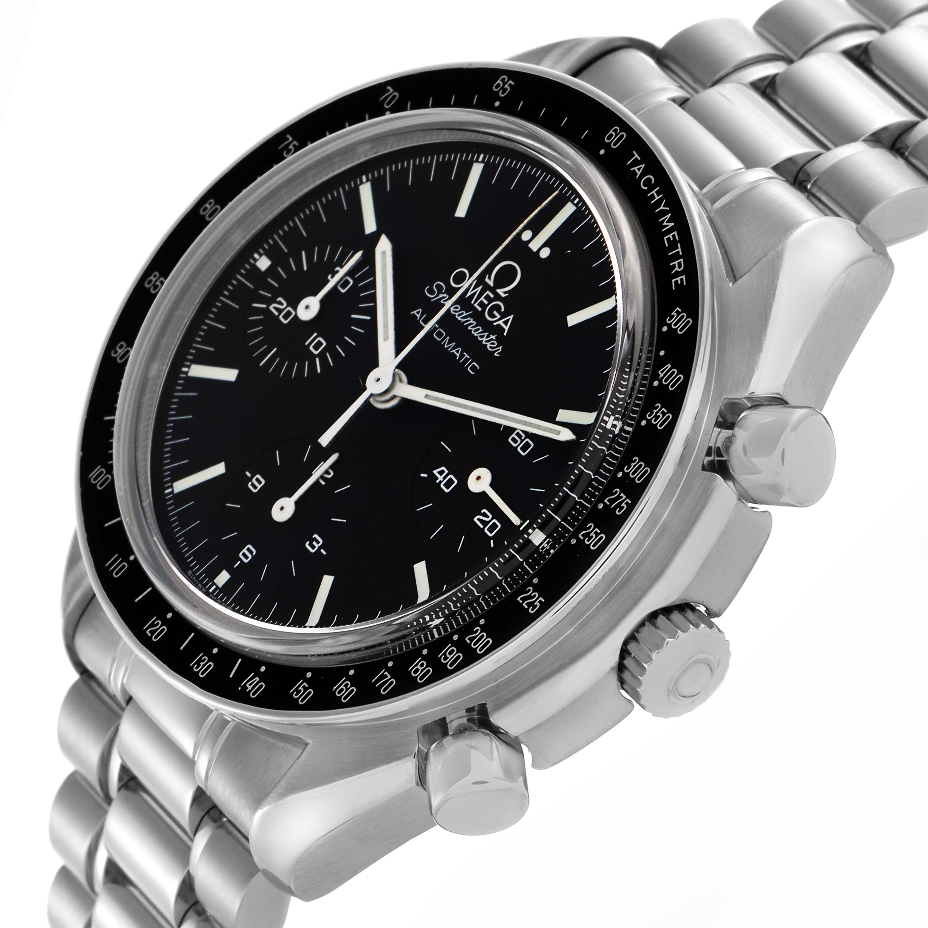 The Omega Speedmaster 3539.50.00 Men
s Stainless Steel Black Dial 3539.50.00 Men
s Stainless Steel Black Dial watch is shown at a slight angle, displaying its dial, bezel, crown, pushers, and part of the bracelet.