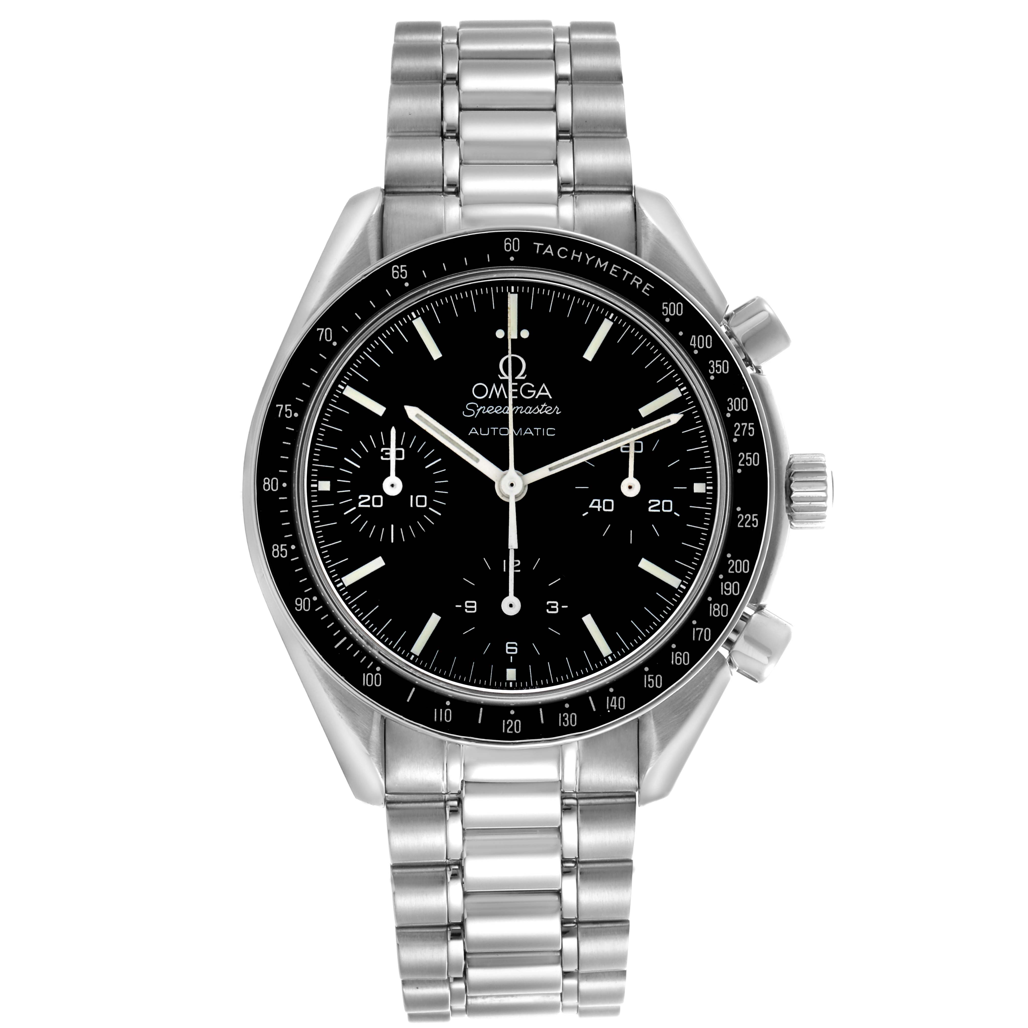 The Omega Speedmaster 3539.50.00 Men
s Stainless Steel Black Dial 3539.50.00 Men
s Stainless Steel Black Dial watch is shown from the front, displaying the dial, tachymeter bezel, and stainless steel bracelet.