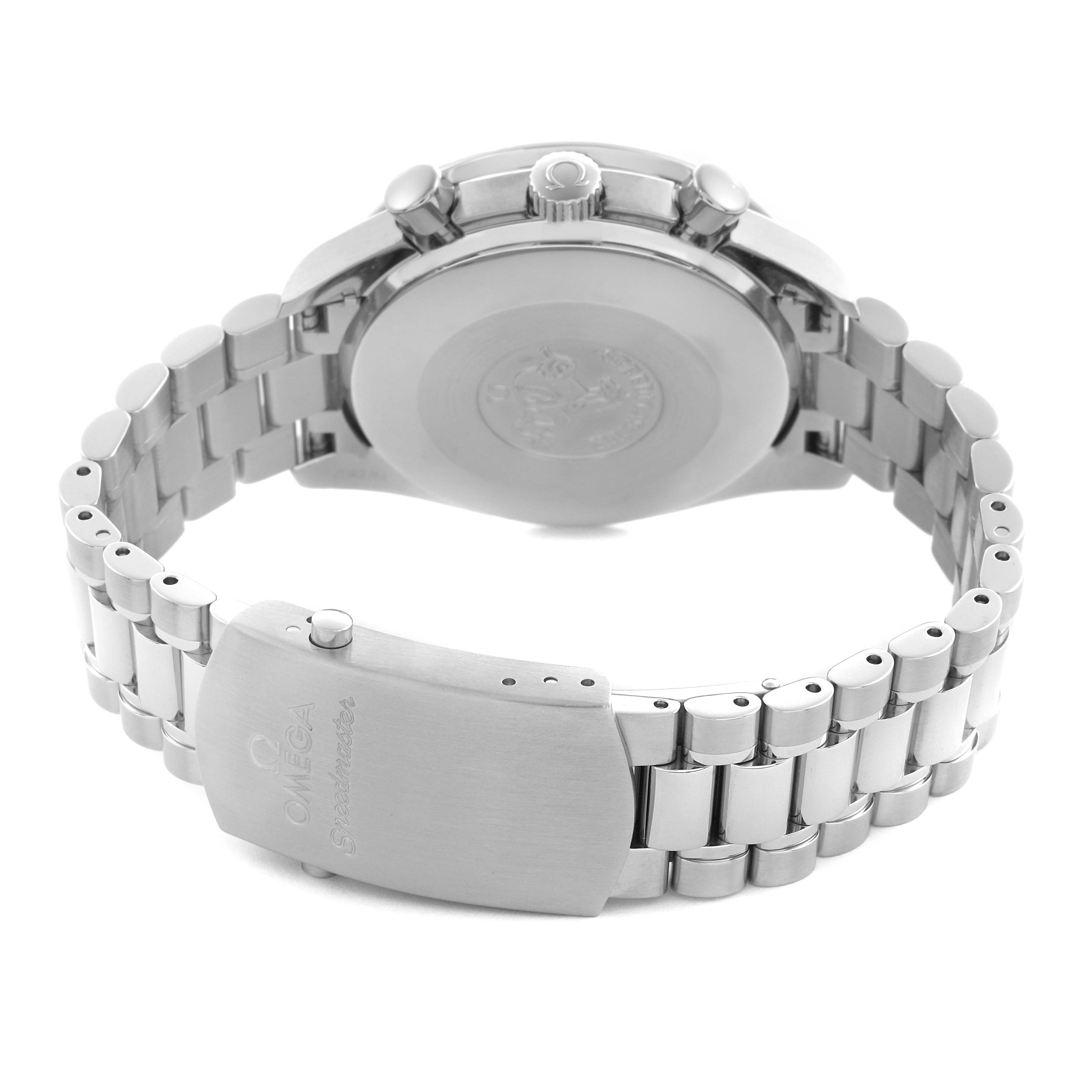 The Omega Speedmaster 3539.50.00 Men
s Stainless Steel Black Dial 3539.50.00 Men
s Stainless Steel Black Dial watch is shown from the back, highlighting the clasp, bracelet, and case back.