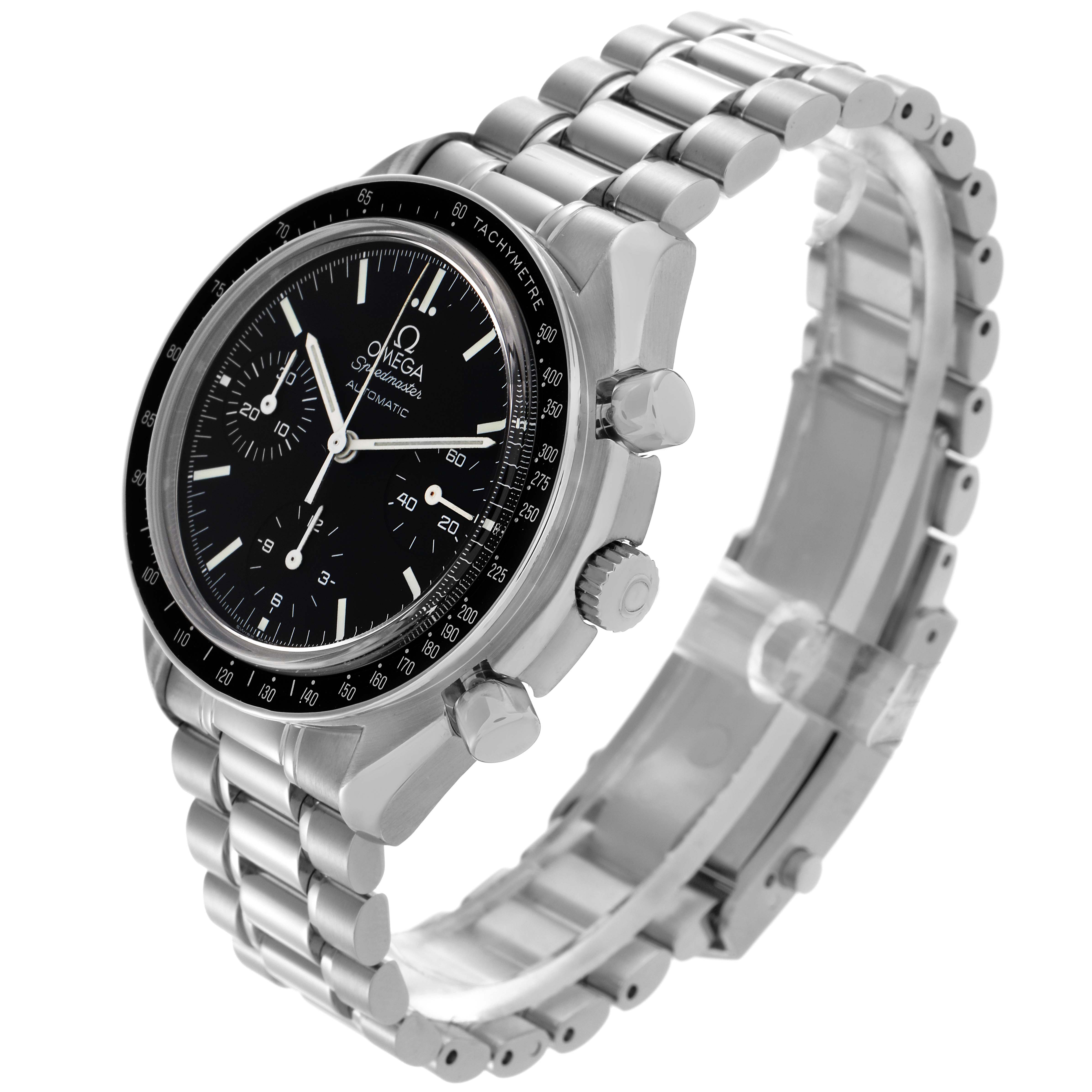 The Omega Speedmaster 3539.50.00 Men
s Stainless Steel Black Dial 3539.50.00 Men
s Stainless Steel Black Dial is shown at a three-quarter angle, highlighting the face, case, crown, pushers, and metal bracelet.