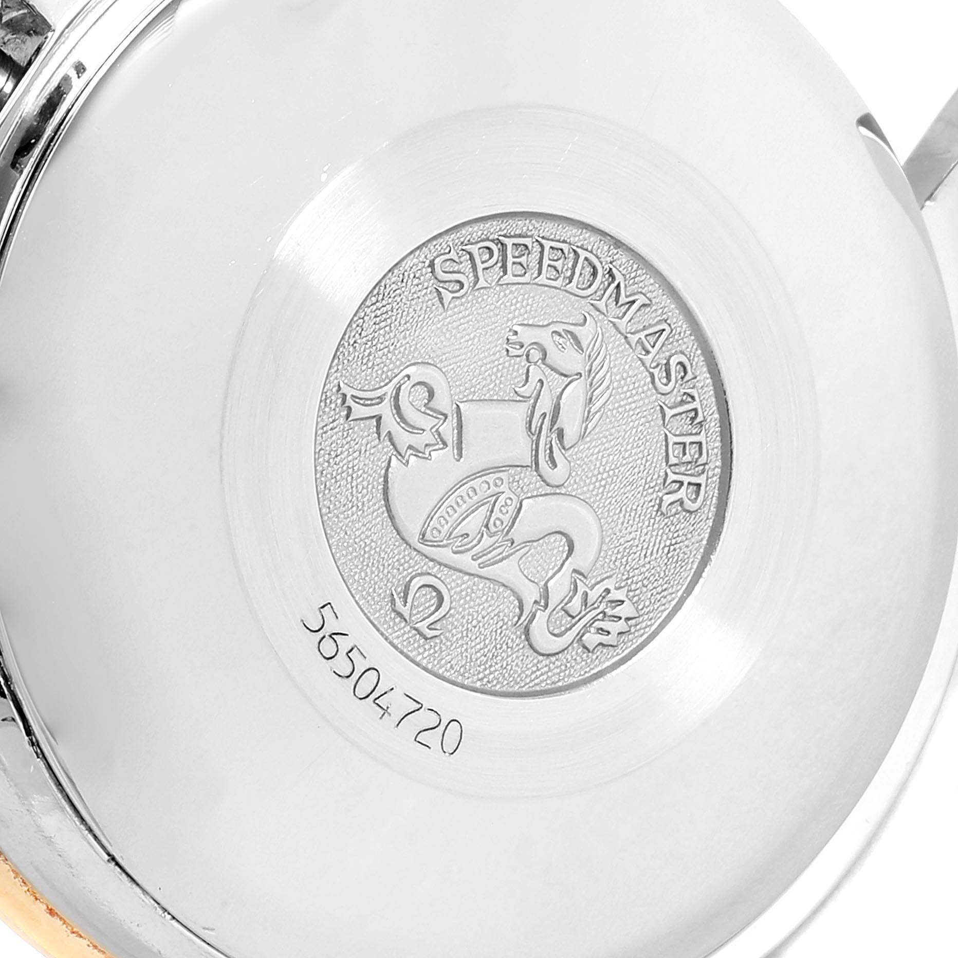 This image shows the back case of an Omega Speedmaster 3313.50.00 Men
s Steel and Gold (two tone) Black Dial 3313.50.00 Men
s Steel and Gold (two tone) Black Dial watch.