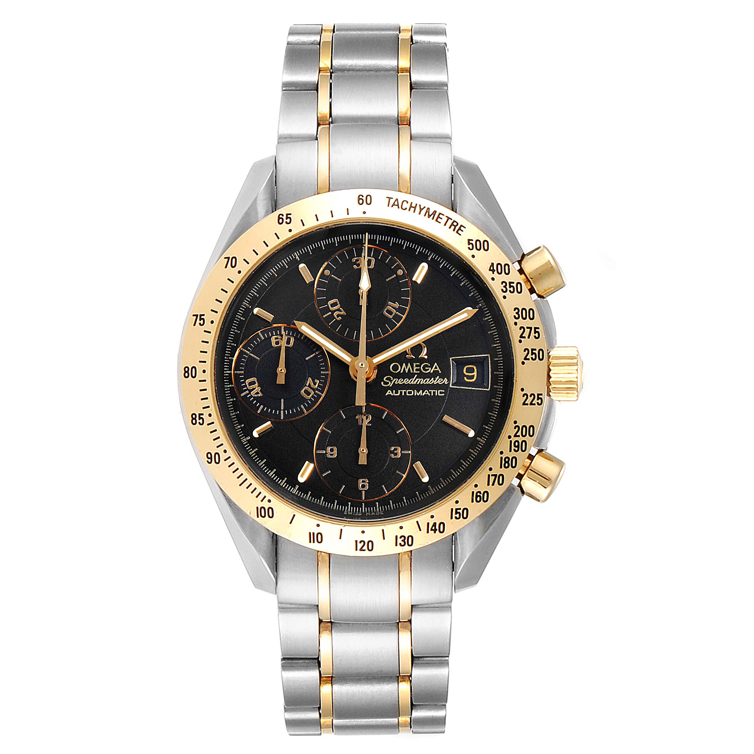 This image shows a front view of an Omega Speedmaster 3313.50.00 Men
s Steel and Gold (two tone) Black Dial 3313.50.00 Men
s Steel and Gold (two tone) Black Dial watch, highlighting the face, bezel, and bracelet.