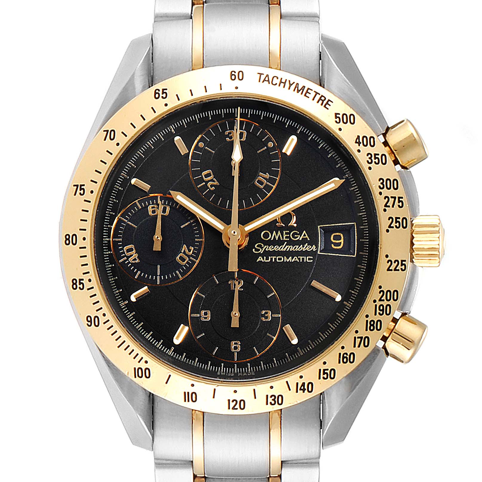 The image shows a front view of the Omega Speedmaster 3313.50.00 Men
s Steel and Gold (two tone) Black Dial 3313.50.00 Men
s Steel and Gold (two tone) Black Dial watch, highlighting its face, bezel, sub-dials, and bracelet.