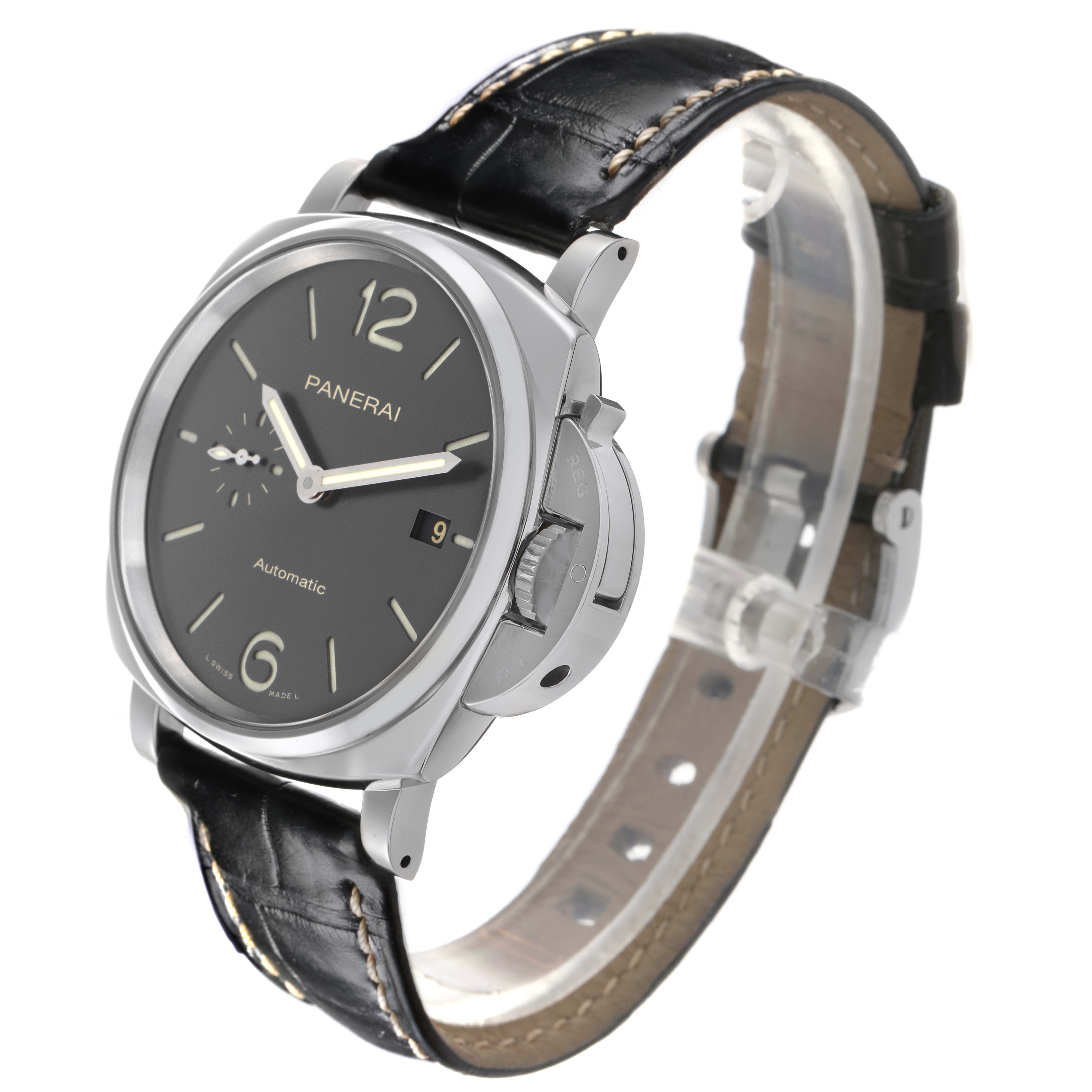 The Panerai Luminor Due PAM00904 Men
s Stainless Steel Grey Dial PAM00904 Men
s Stainless Steel Grey Dial watch is shown at a three-quarter angle, highlighting the face, crown guard, and leather strap.