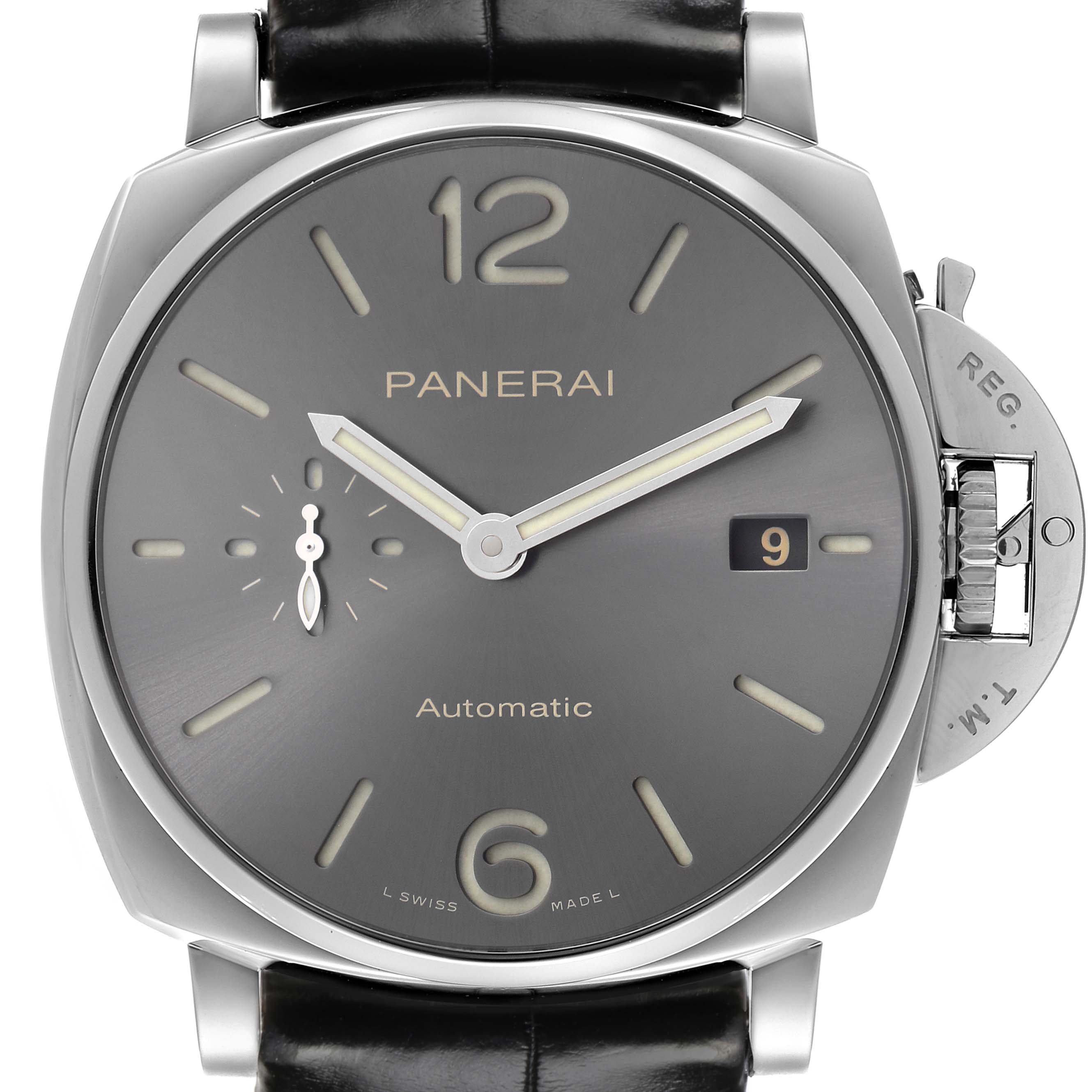 The Panerai Luminor Due PAM00904 Men
s Stainless Steel Grey Dial PAM00904 Men
s Stainless Steel Grey Dial watch is shown from a frontal angle, highlighting the dial, hands, date window, and crown guard.