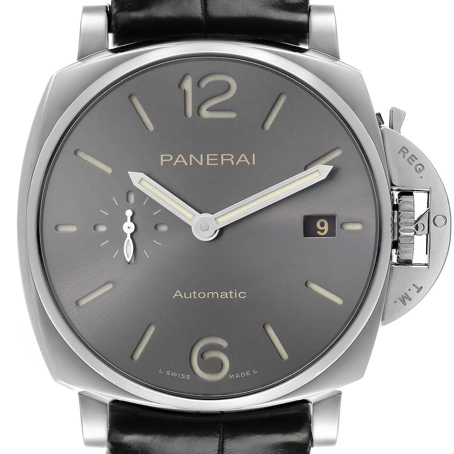 The Panerai Luminor Due watch is shown from a frontal angle, highlighting the dial, hands, date window, and crown guard.