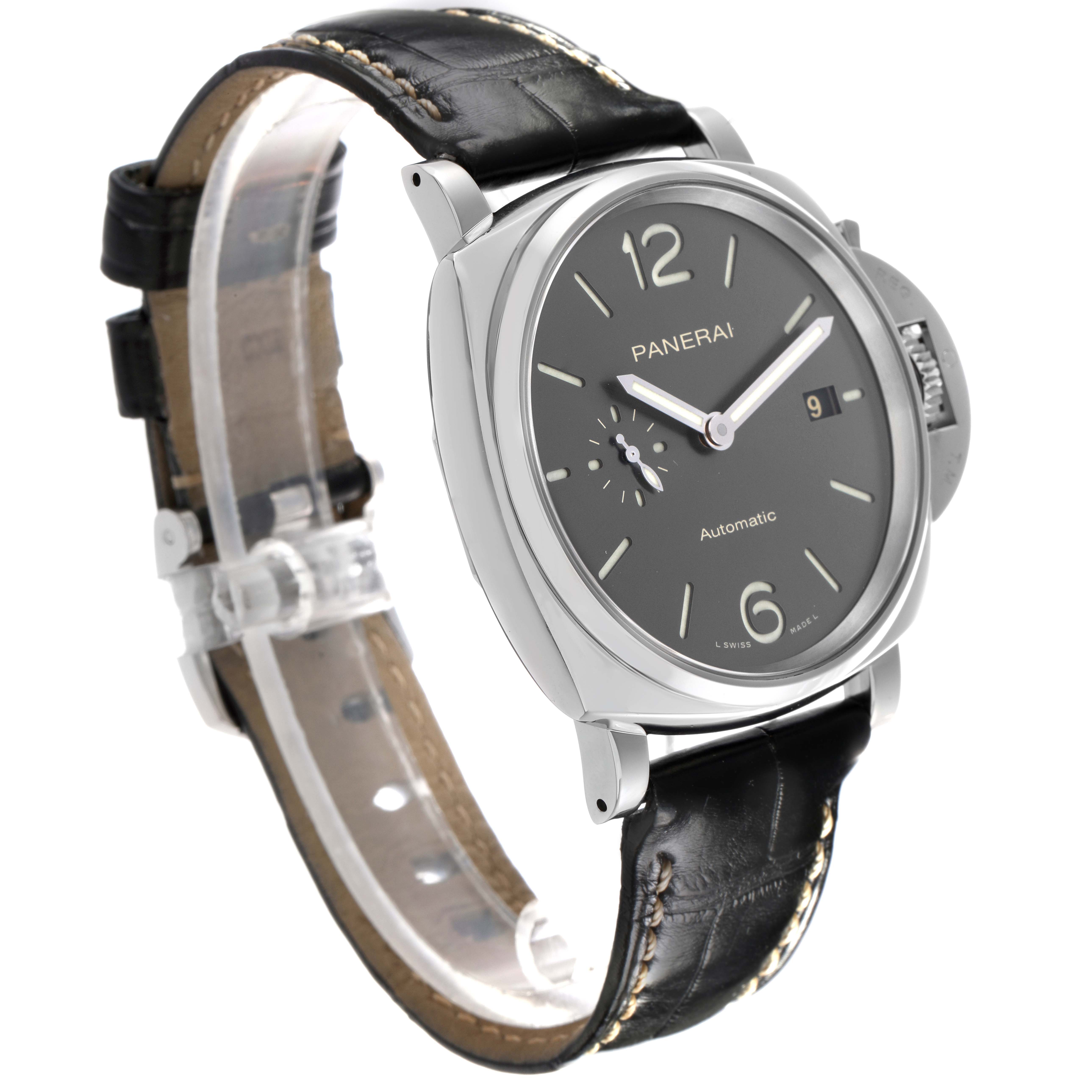The image shows the Panerai Luminor Due PAM00904 Men
s Stainless Steel Grey Dial PAM00904 Men
s Stainless Steel Grey Dial watch at an angle, displaying the face, crown, lugs, and leather strap.