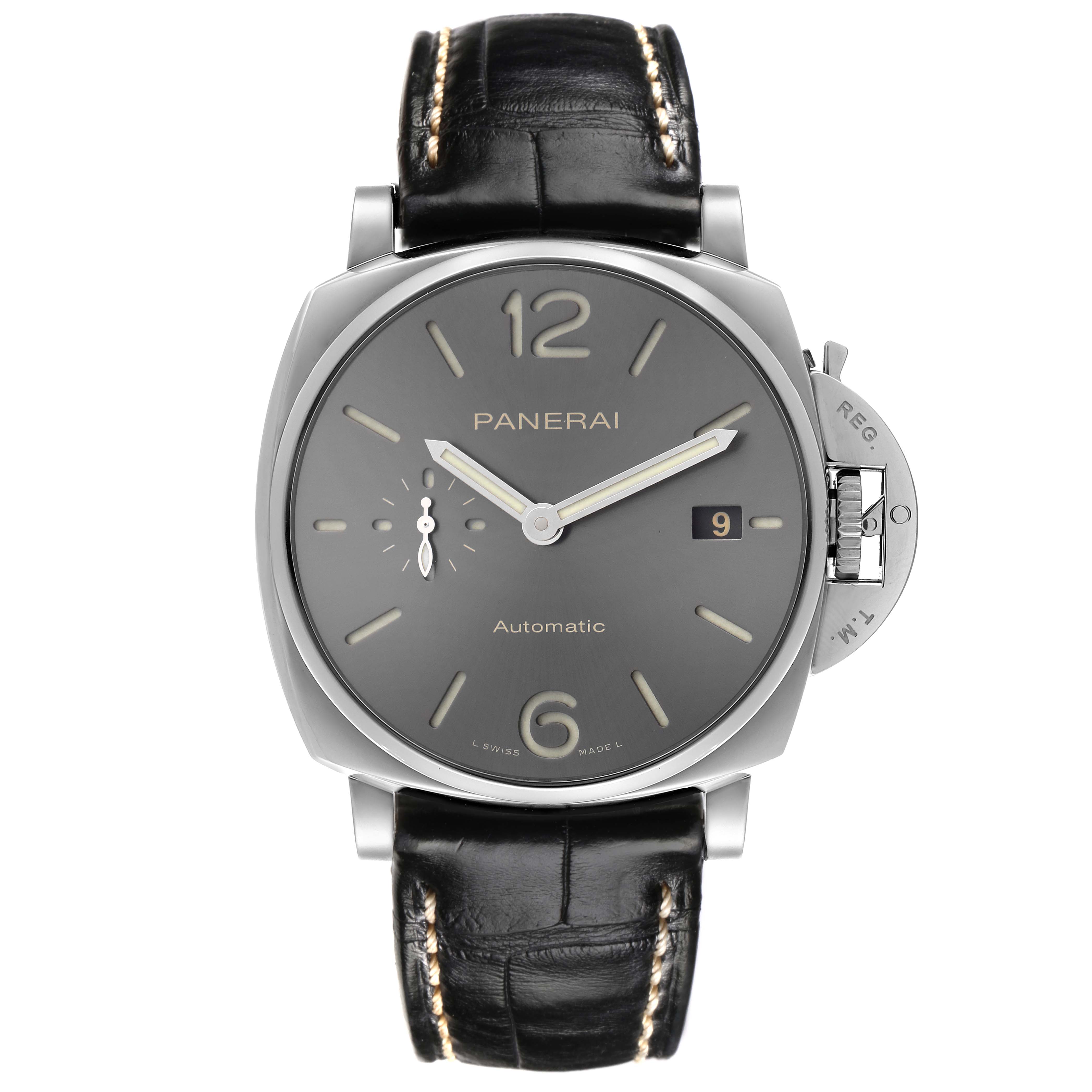 The Panerai Luminor Due PAM00904 Men
s Stainless Steel Grey Dial PAM00904 Men
s Stainless Steel Grey Dial watch is shown from a front angle, highlighting the dial, crown guard, and leather strap.