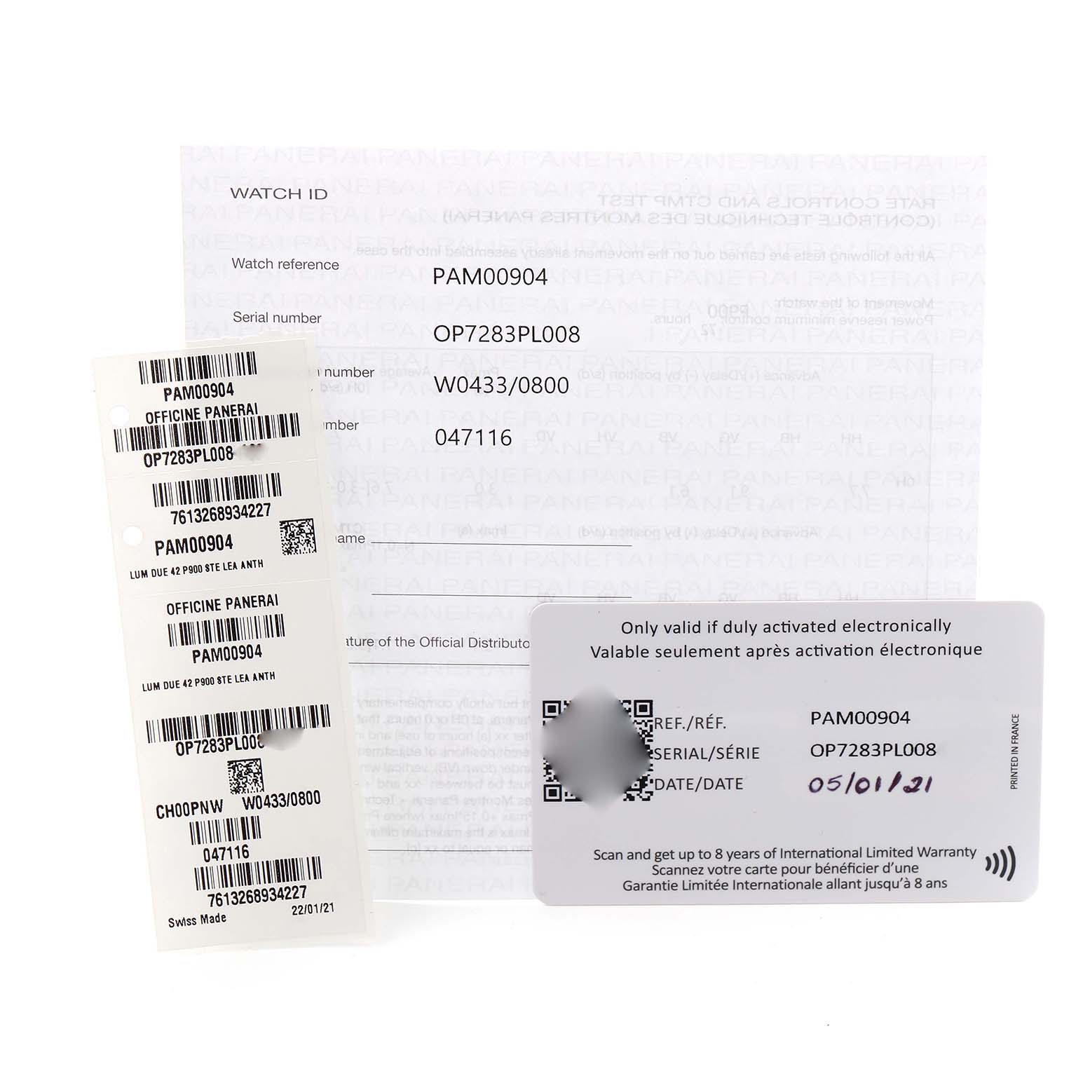 The image shows documents and tags for the Panerai Luminor Due PAM00904 Men
s Stainless Steel Grey Dial PAM00904 Men
s Stainless Steel Grey Dial, including warranty and serial information.