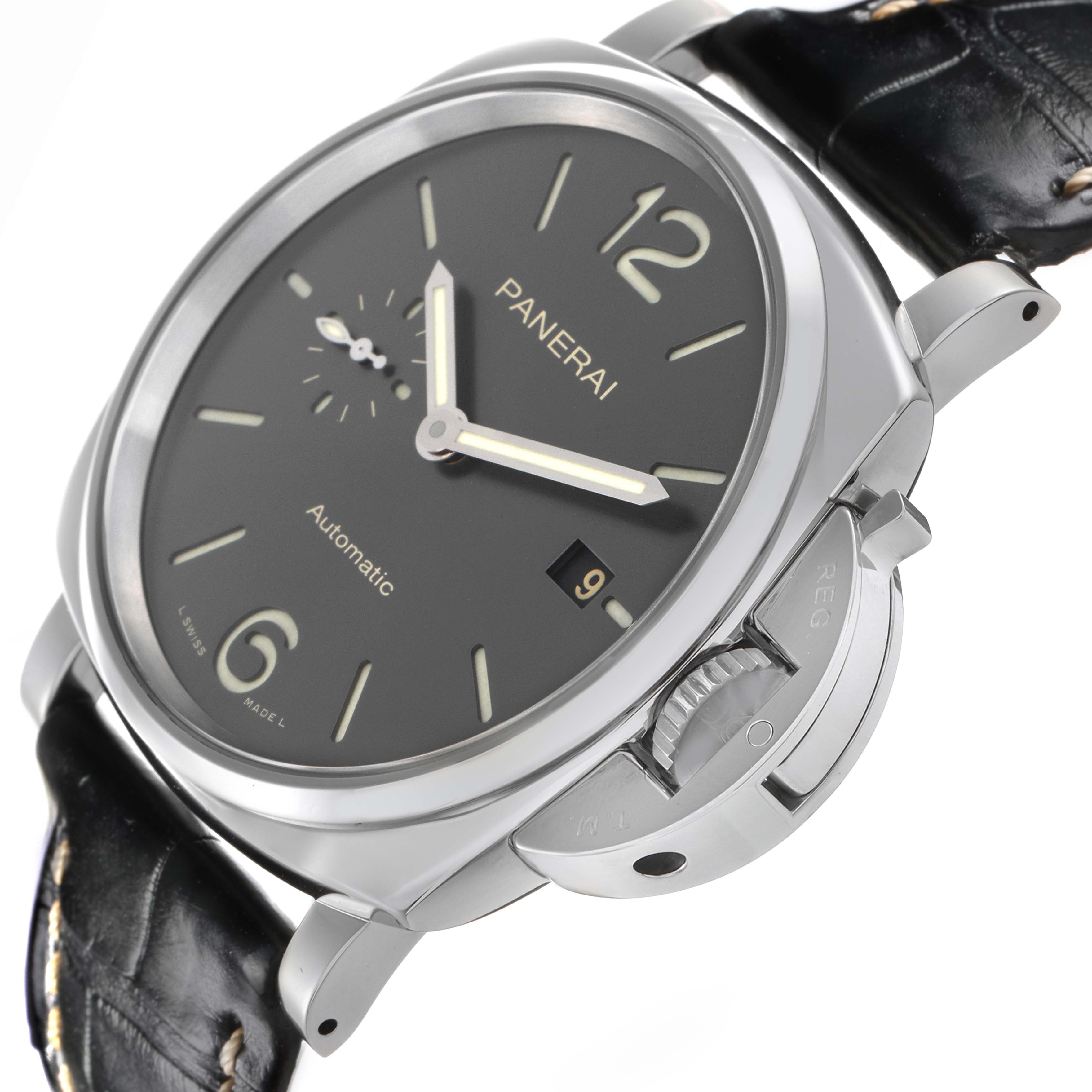The image shows a Panerai Luminor Due PAM00904 Men
s Stainless Steel Grey Dial PAM00904 Men
s Stainless Steel Grey Dial watch at an angle highlighting the face, crown guard, and leather strap.