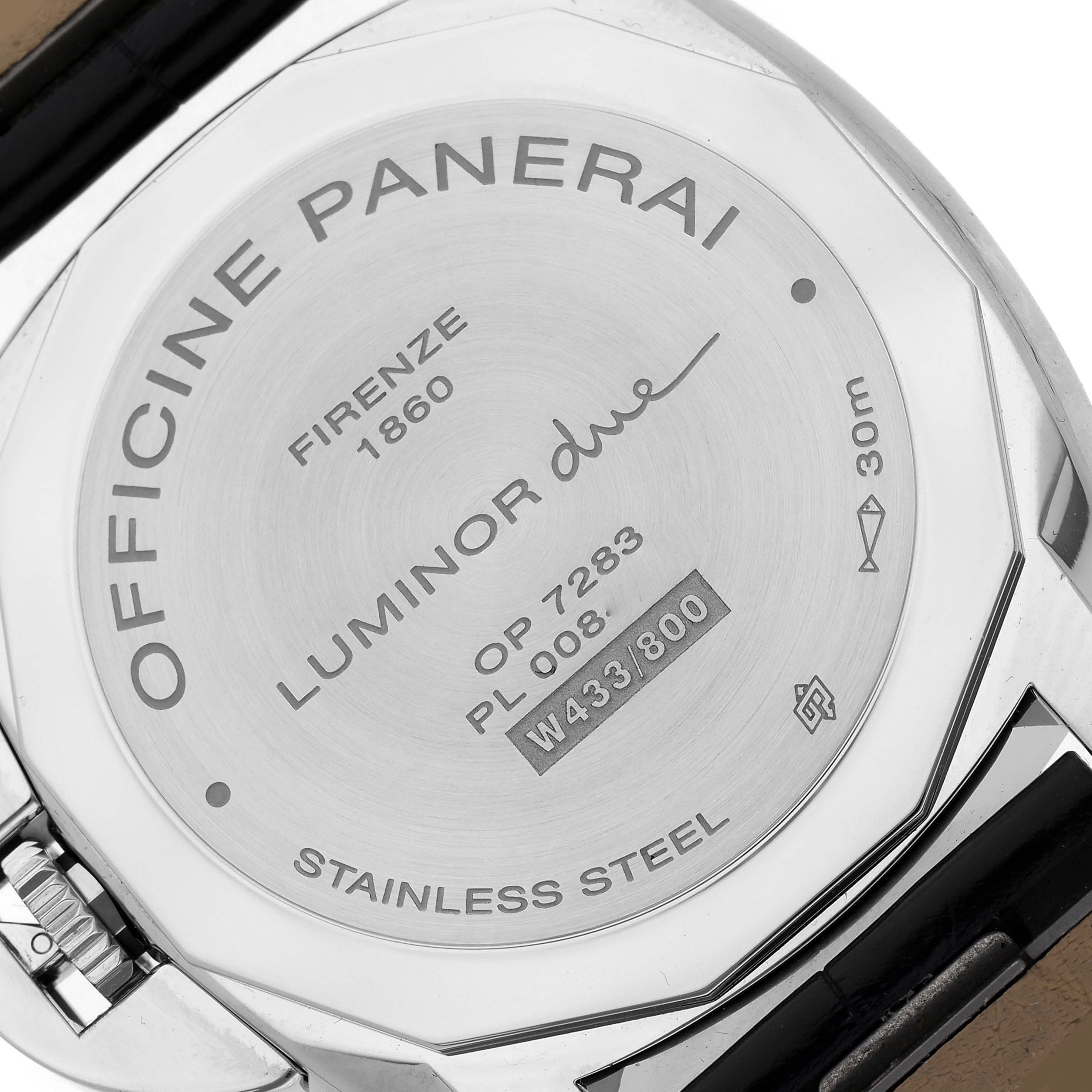 The image shows the back case of a Panerai Luminor Due PAM00904 Men
s Stainless Steel Grey Dial PAM00904 Men
s Stainless Steel Grey Dial watch, focused on the engraved details.