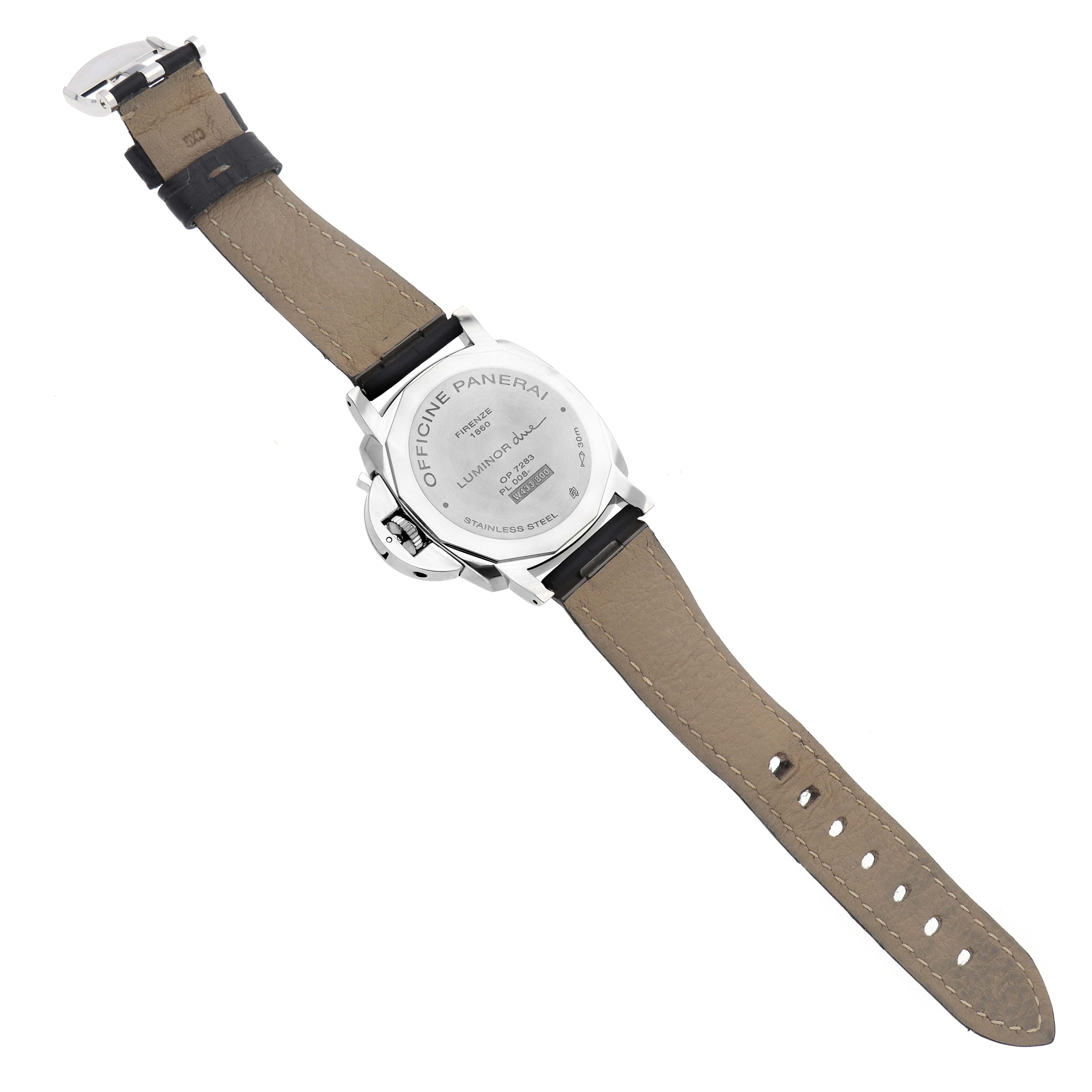 The image shows the back view of a Panerai Luminor Due PAM00904 Men
s Stainless Steel Grey Dial PAM00904 Men
s Stainless Steel Grey Dial watch, highlighting the case back, strap, and buckle.