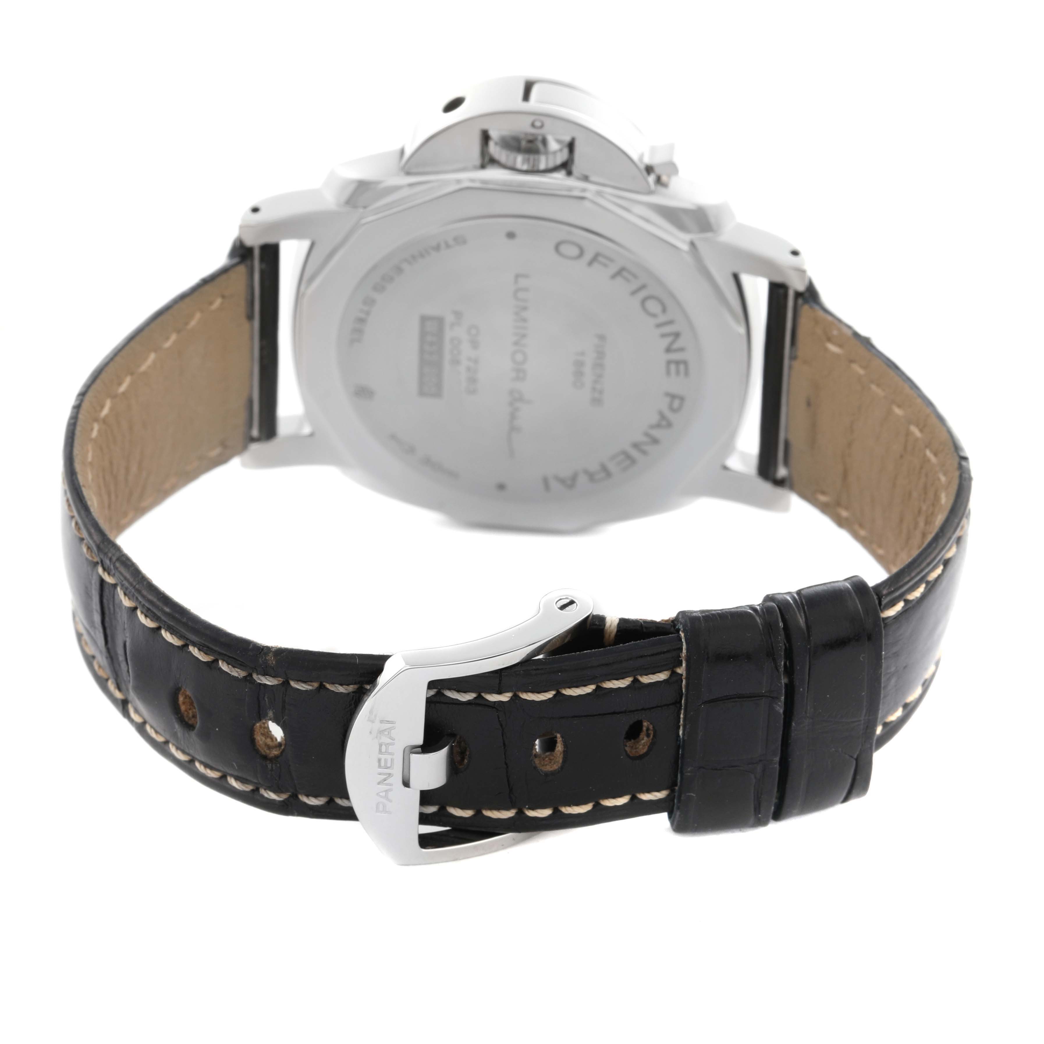The image shows the back view of a Panerai Luminor Due PAM00904 Men
s Stainless Steel Grey Dial PAM00904 Men
s Stainless Steel Grey Dial watch, highlighting the case back and black leather strap with a buckle.