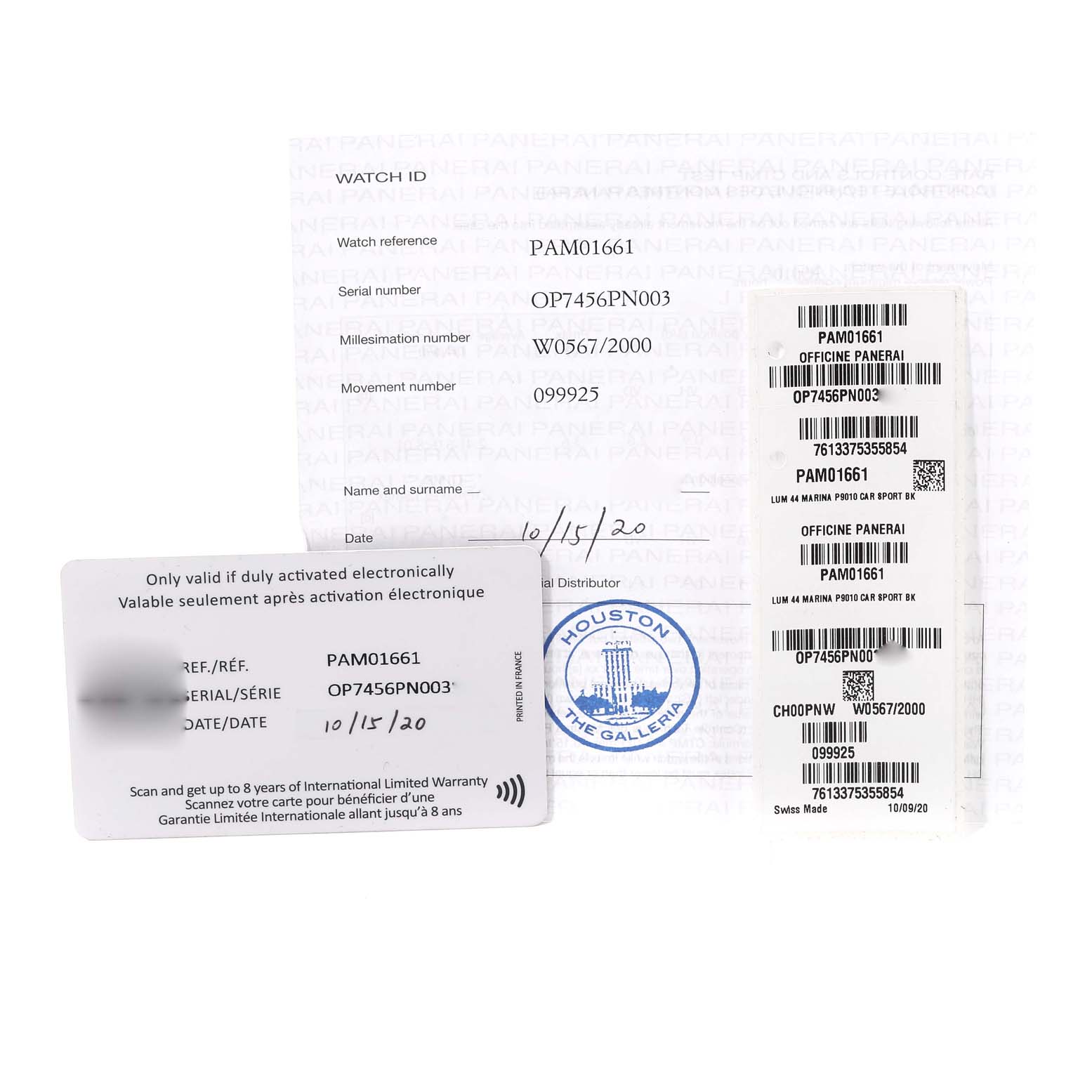 The image shows the warranty card and documentation for a Panerai Luminor PAM01661 Men's Ceramic Black Dial PAM01661 Men's Ceramic Black Dial model PAM01661.