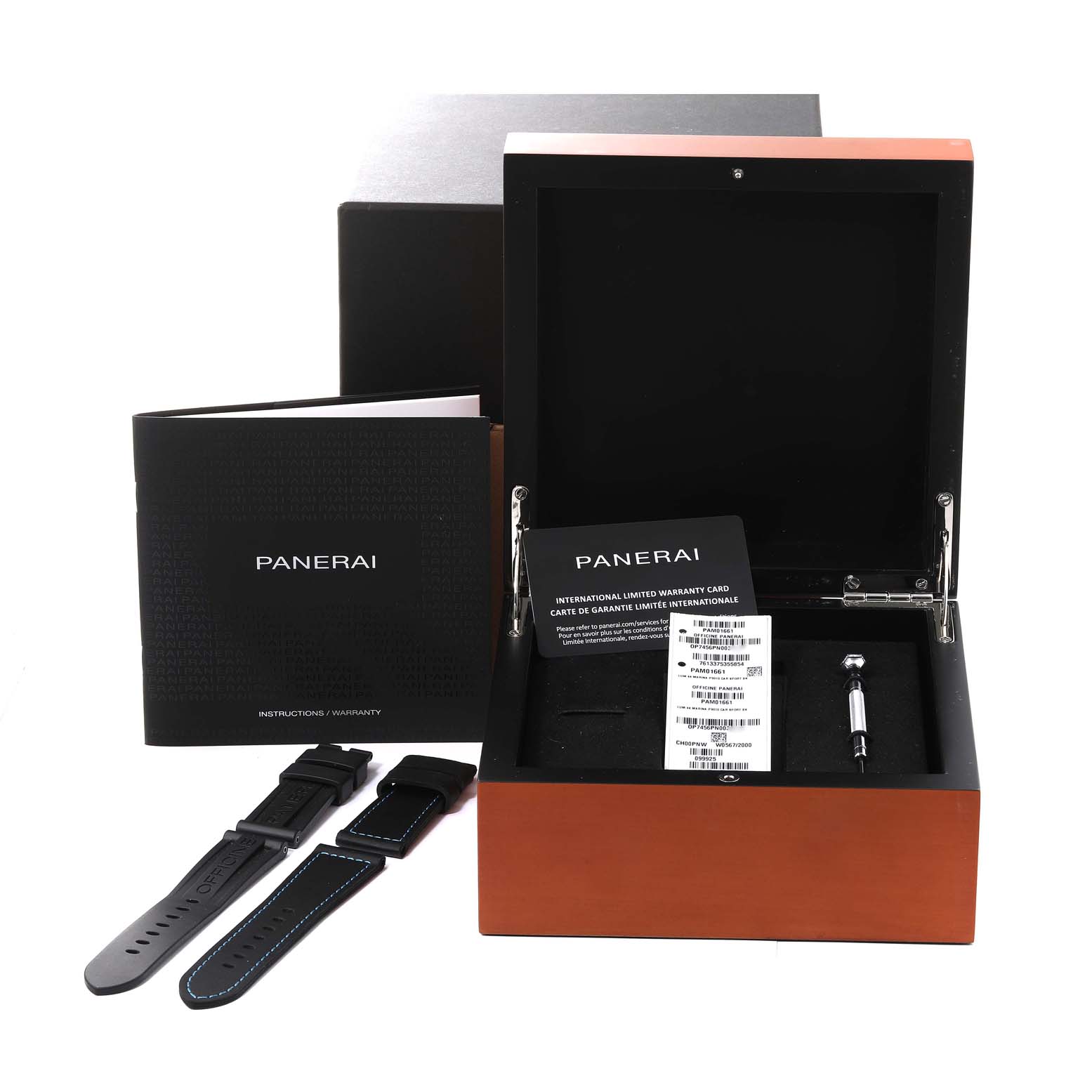The image shows the parts and accessories for a Panerai Luminor PAM01661 Men's Ceramic Black Dial PAM01661 Men's Ceramic Black Dial model, including a watch box, additional straps, tools, and warranty card.
