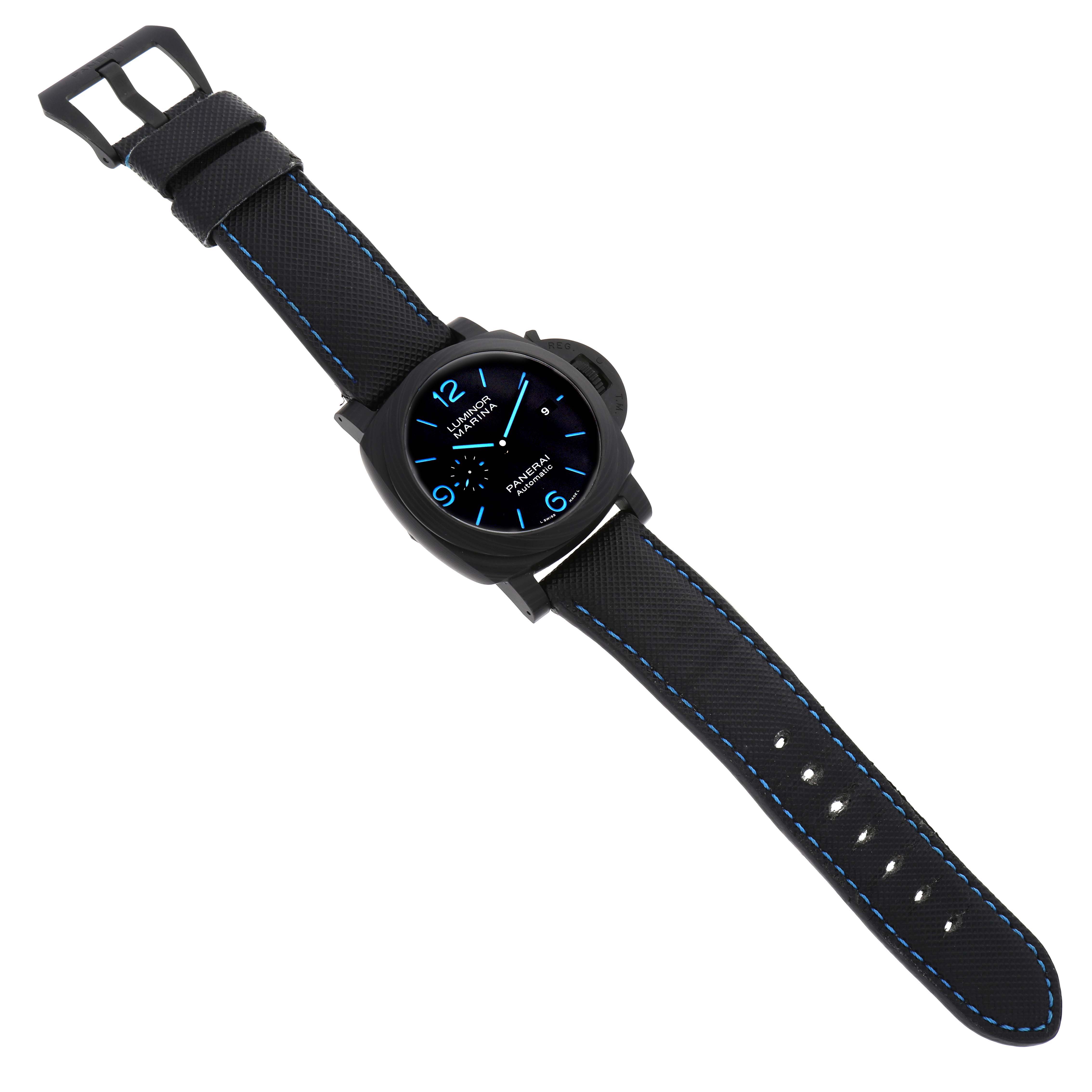 The image shows a Panerai Luminor PAM01661 Men's Ceramic Black Dial PAM01661 Men's Ceramic Black Dial watch from a top-down angle, displaying its face, case, and strap.