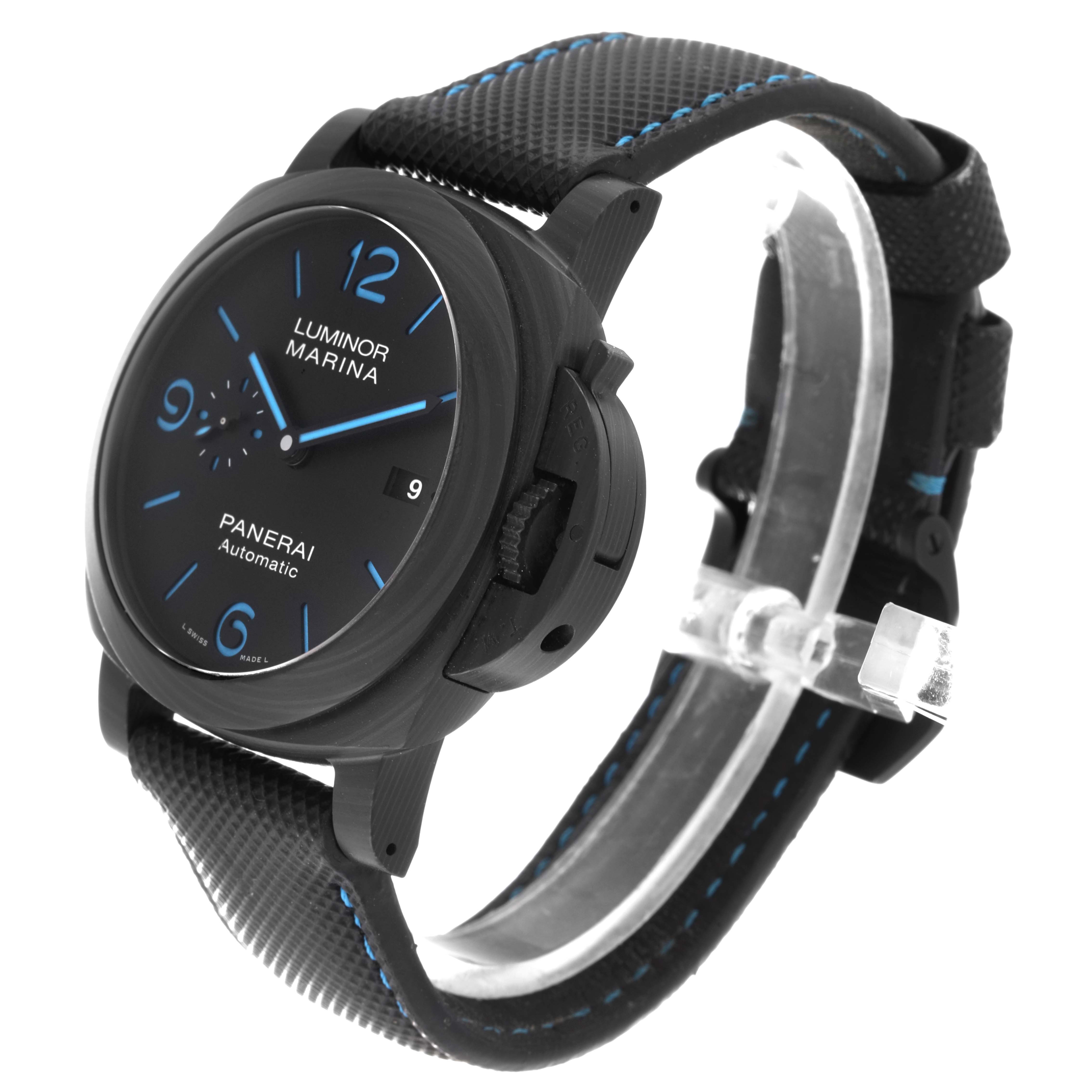 The image shows a side angle view of a Panerai Luminor PAM01661 Men's Ceramic Black Dial PAM01661 Men's Ceramic Black Dial Marina watch, highlighting the watch face, case, crown, and strap.