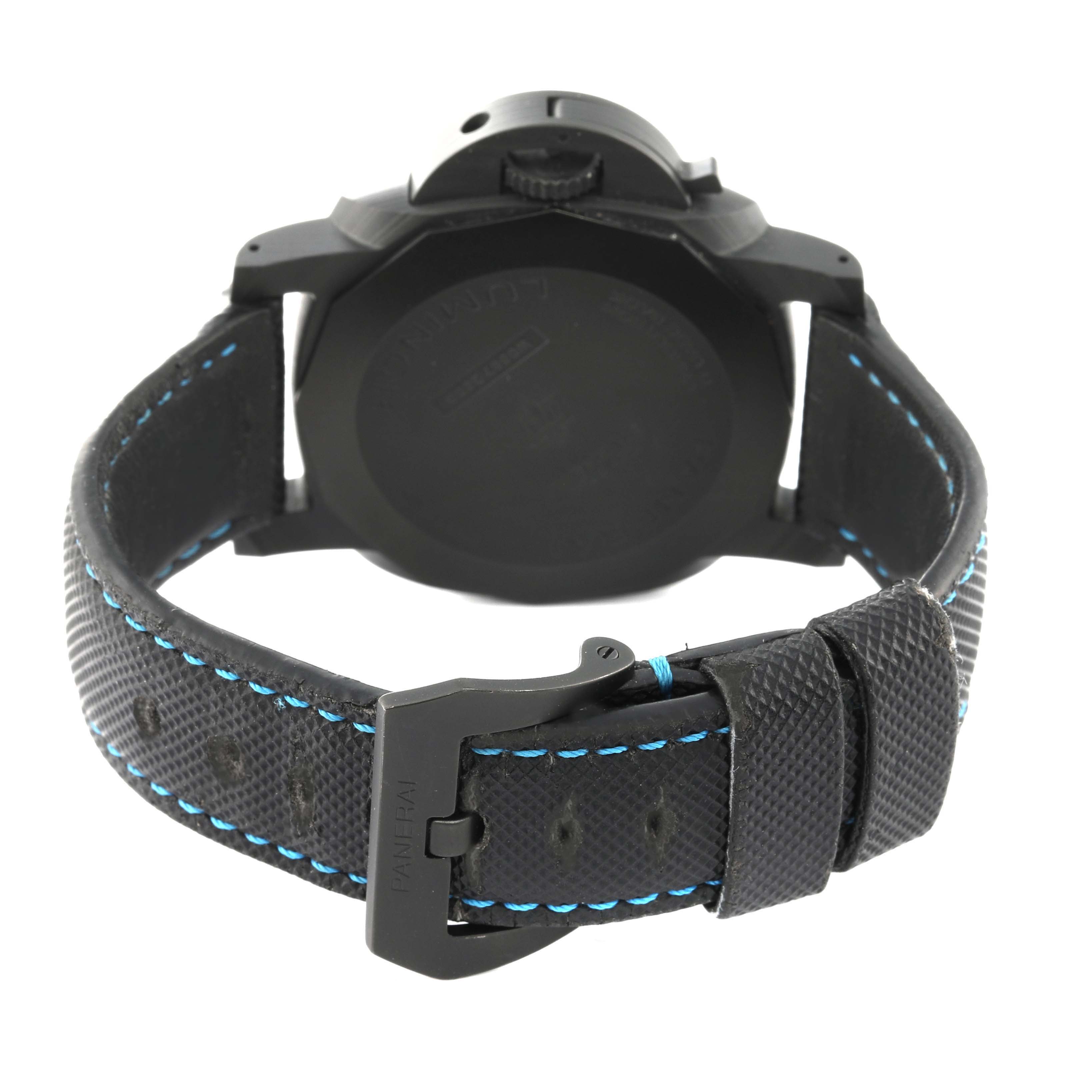 This image shows the back of a Panerai Luminor PAM01661 Men's Ceramic Black Dial PAM01661 Men's Ceramic Black Dial watch, focusing on the black case and strap with blue stitching.