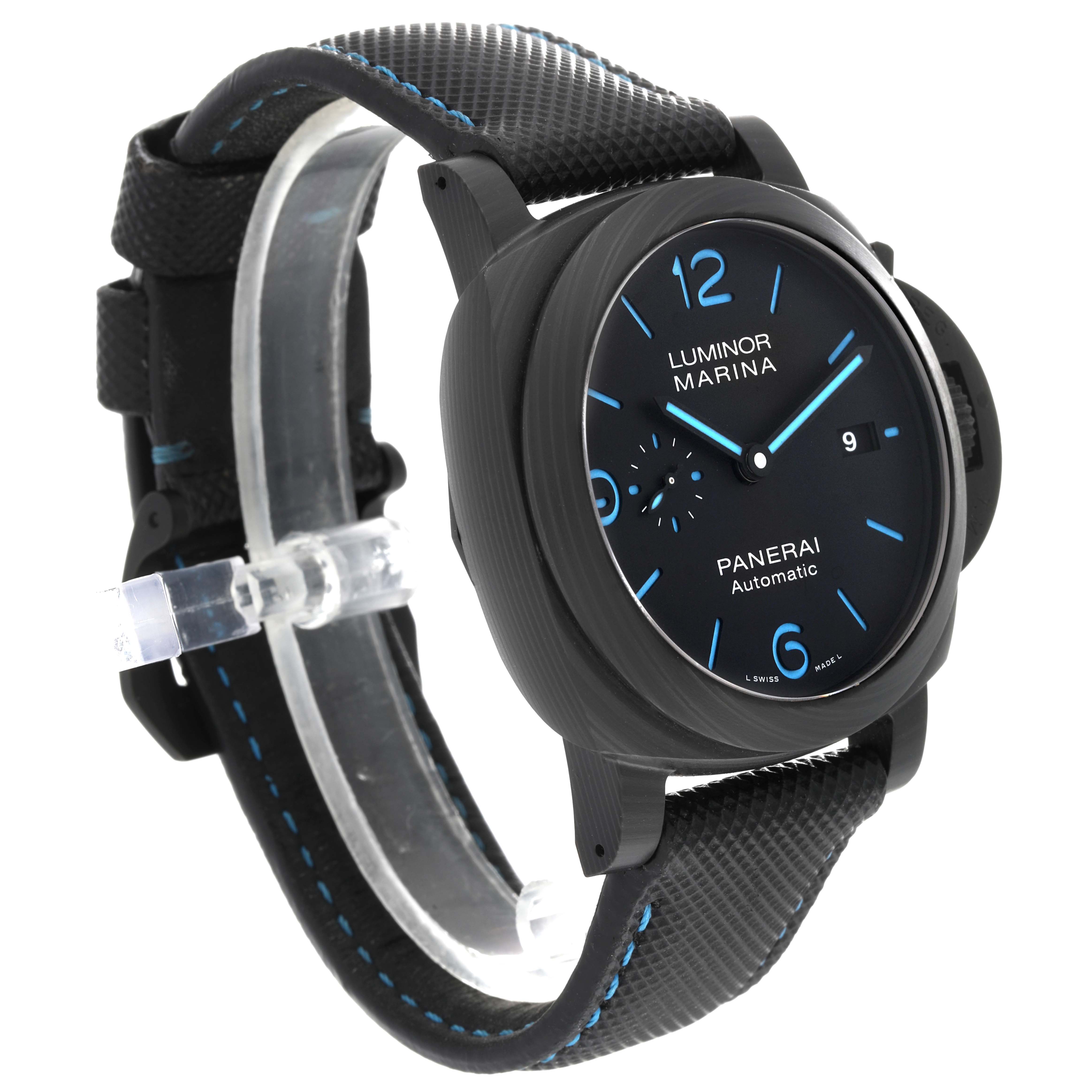 This Panerai Luminor PAM01661 Men's Ceramic Black Dial PAM01661 Men's Ceramic Black Dial Marina watch is shown from an angled side view, highlighting the face, strap, and case.