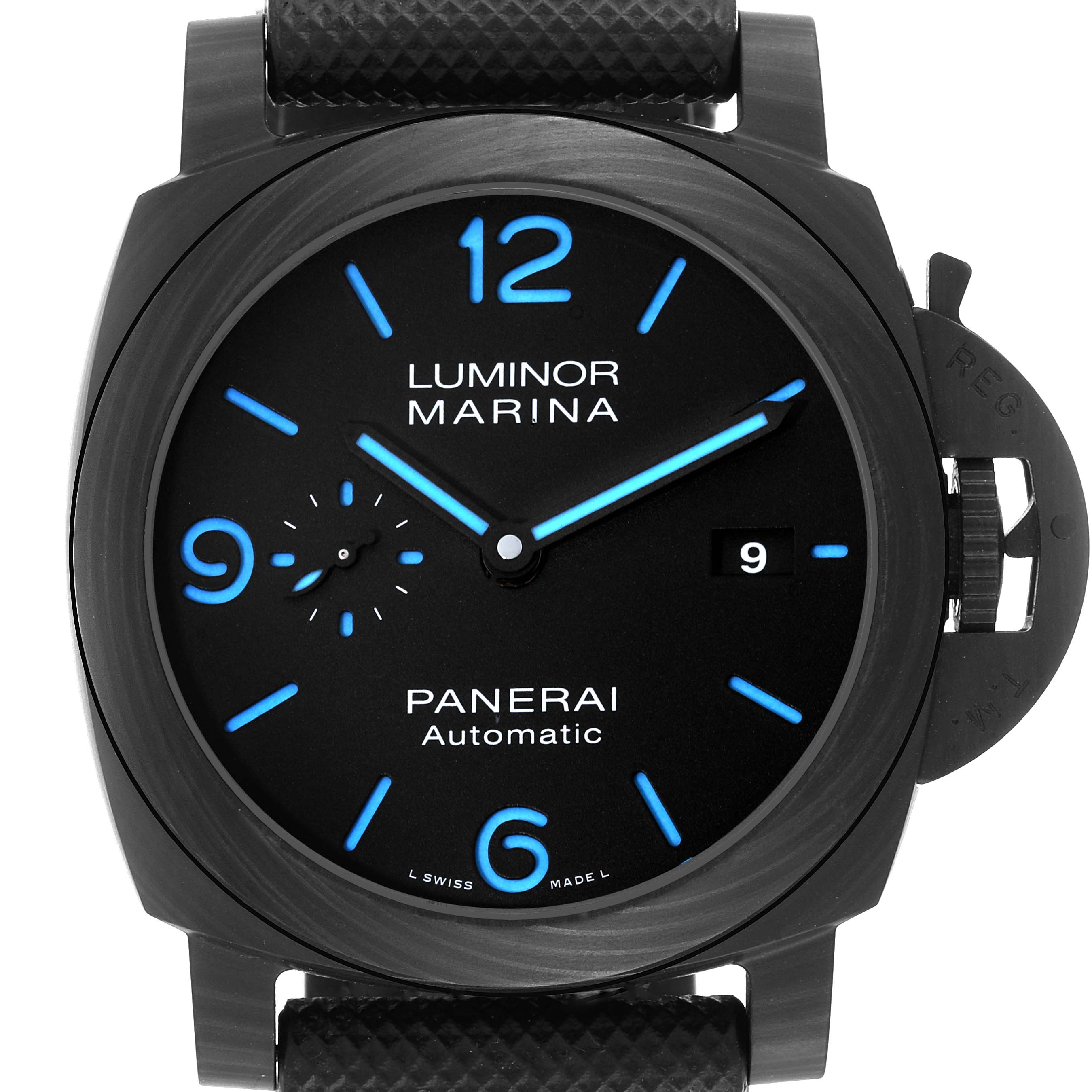 The image shows a frontal view of the Panerai Luminor PAM01661 Men's Ceramic Black Dial PAM01661 Men's Ceramic Black Dial watch, displaying its face, crown guard, and part of the strap.