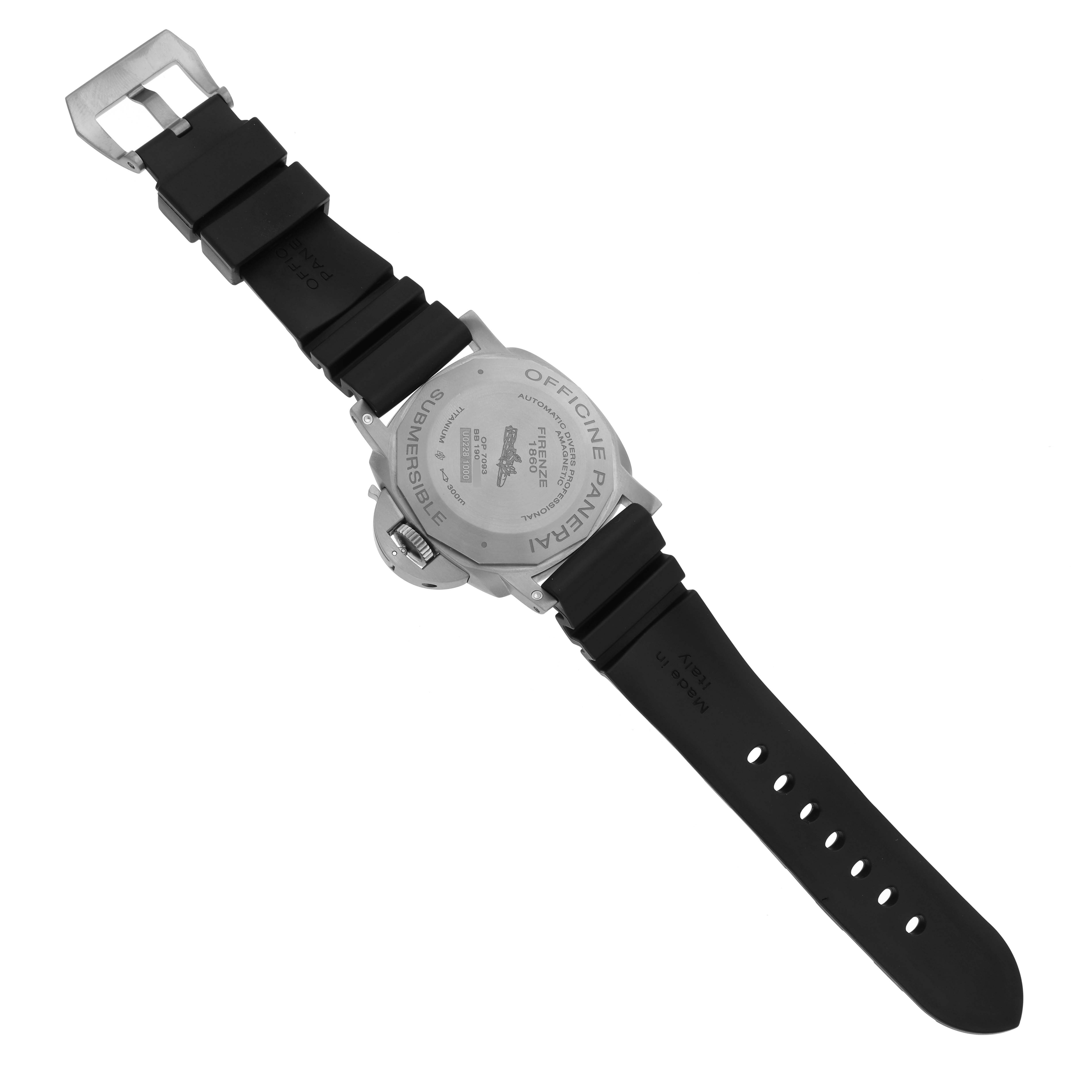 The image shows the back of a Panerai Submersible PAM01389 Men's Titanium Black Dial PAM01389 Men's Titanium Black Dial watch with its black rubber strap fully extended.