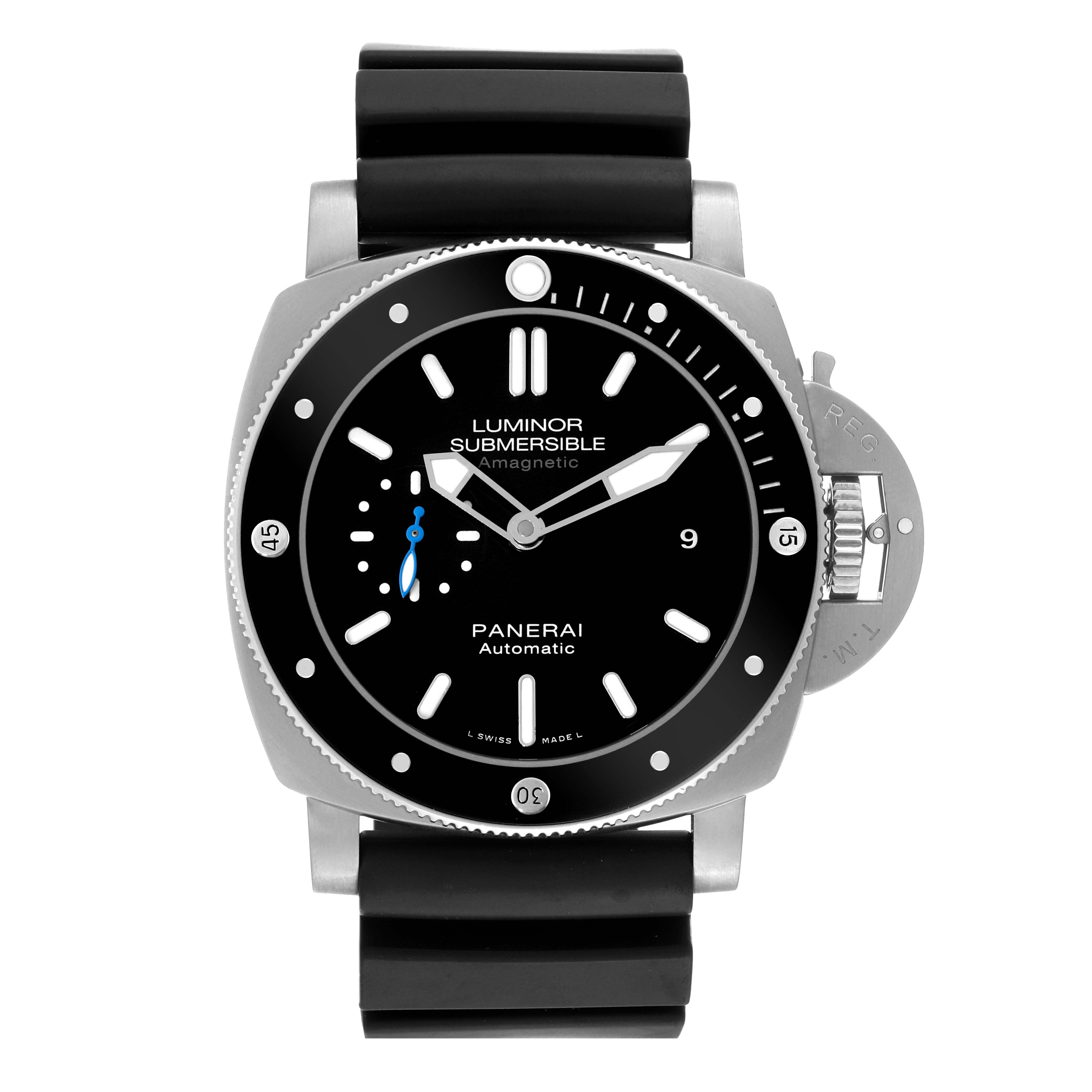The image shows a front view of the Panerai Submersible PAM01389 Men's Titanium Black Dial PAM01389 Men's Titanium Black Dial watch, displaying its dial, bezel, and strap.