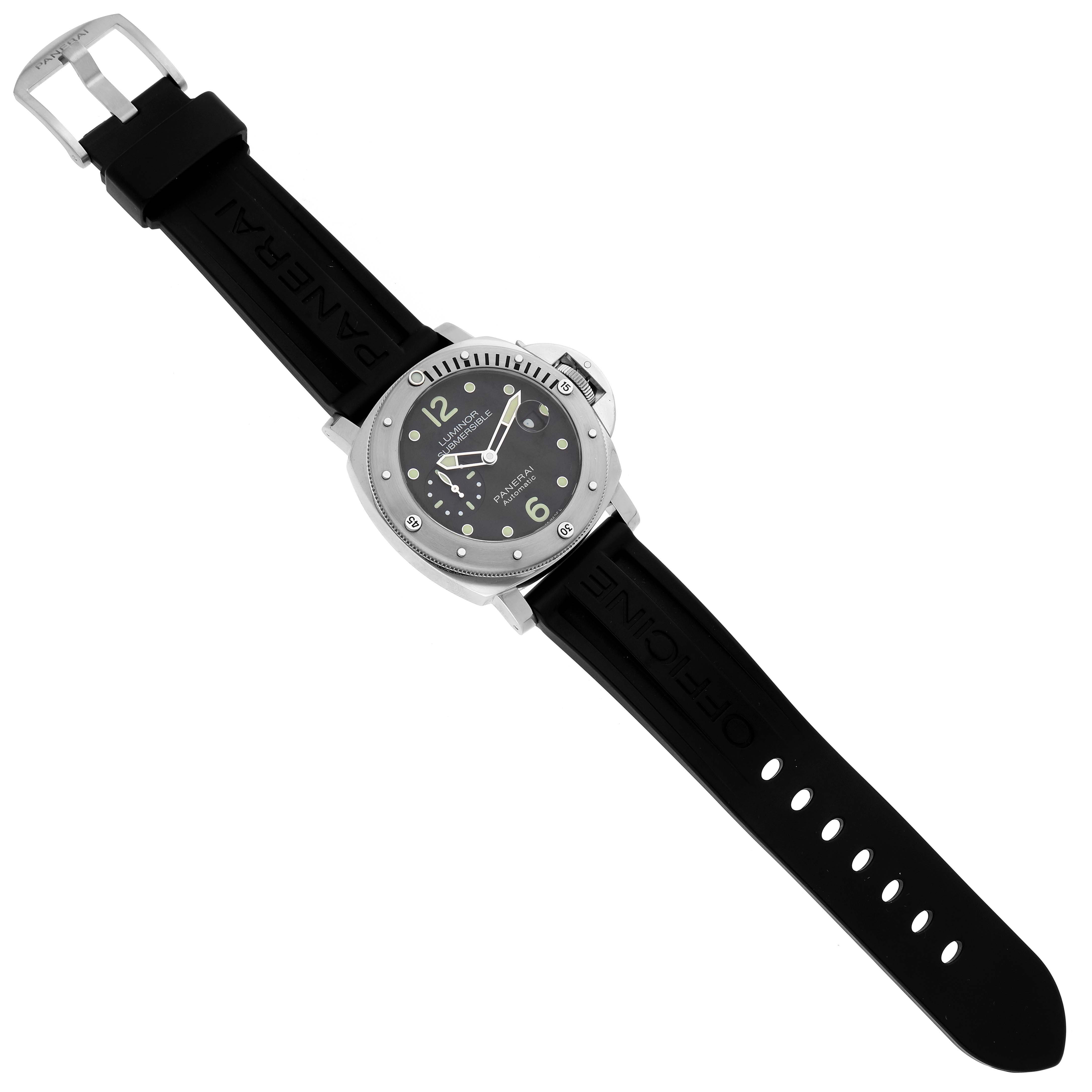 The image shows a top view of a Panerai Submersible PAM01024 Men's Stainless Steel Black Dial PAM01024 Men's Stainless Steel Black Dial watch, highlighting its black strap, dial, and bezel.