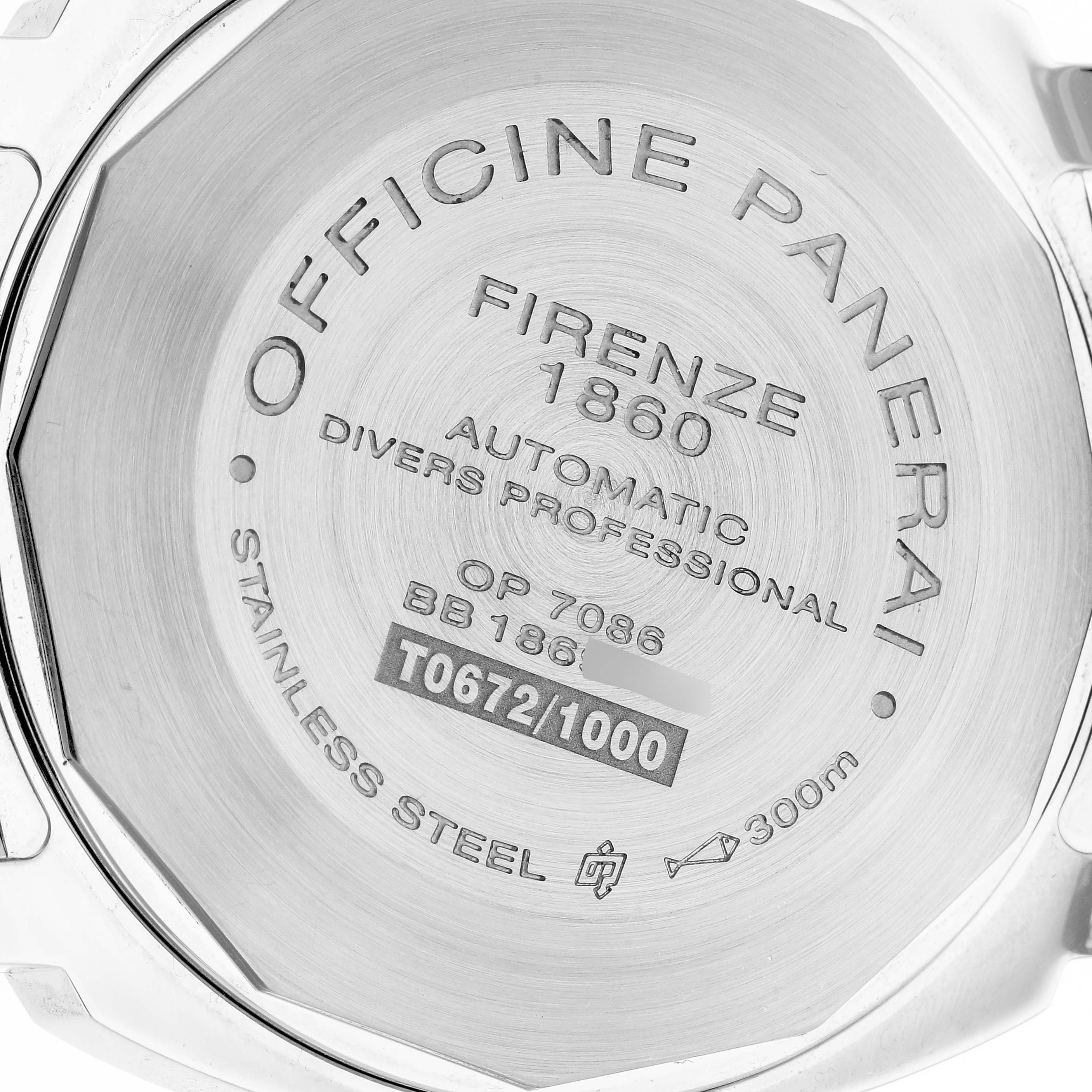 This image shows the stainless steel case back of a Panerai Submersible PAM01024 Men's Stainless Steel Black Dial PAM01024 Men's Stainless Steel Black Dial watch.