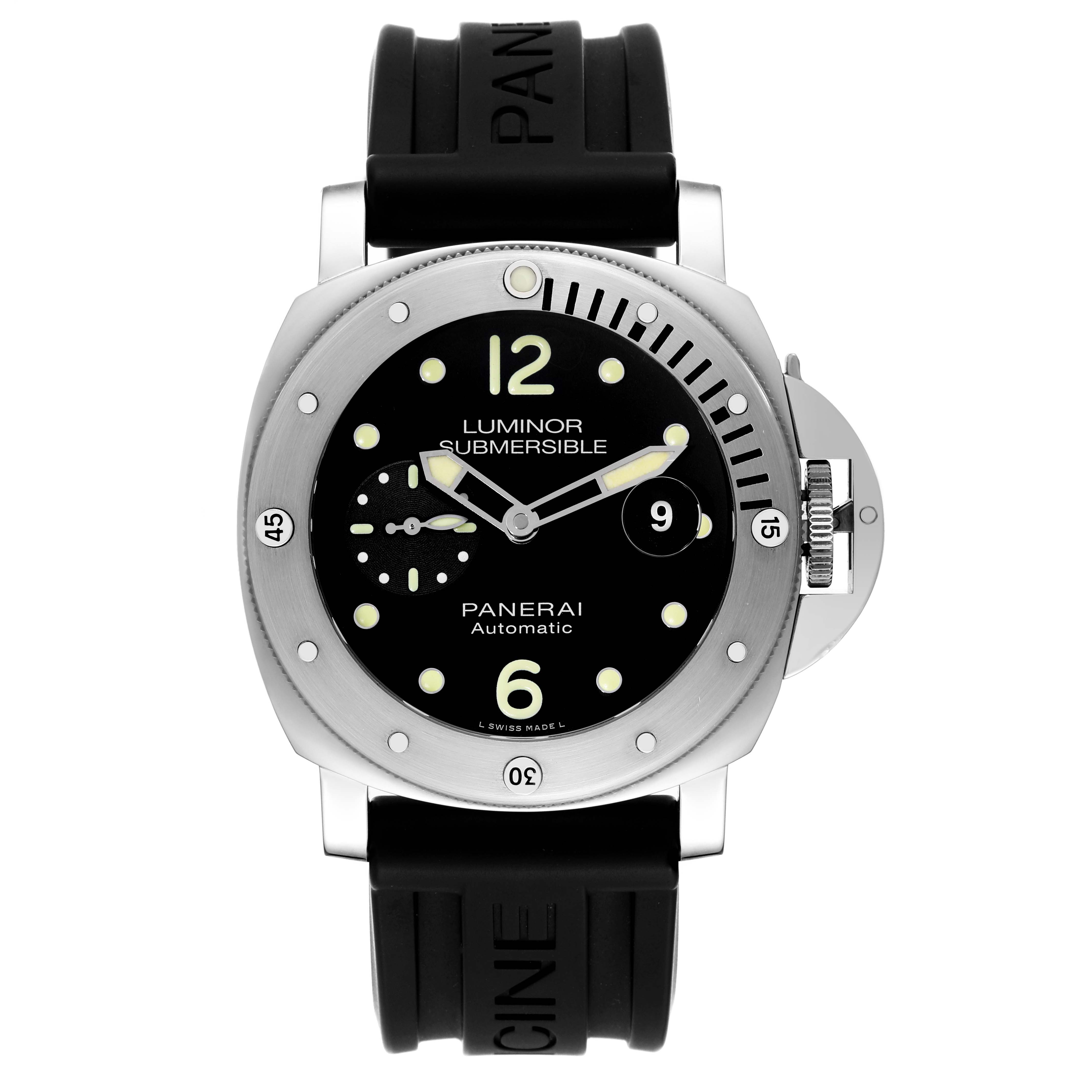 The Panerai Submersible PAM01024 Men's Stainless Steel Black Dial PAM01024 Men's Stainless Steel Black Dial watch is shown from a top-down angle displaying the face, bezel, and strap.