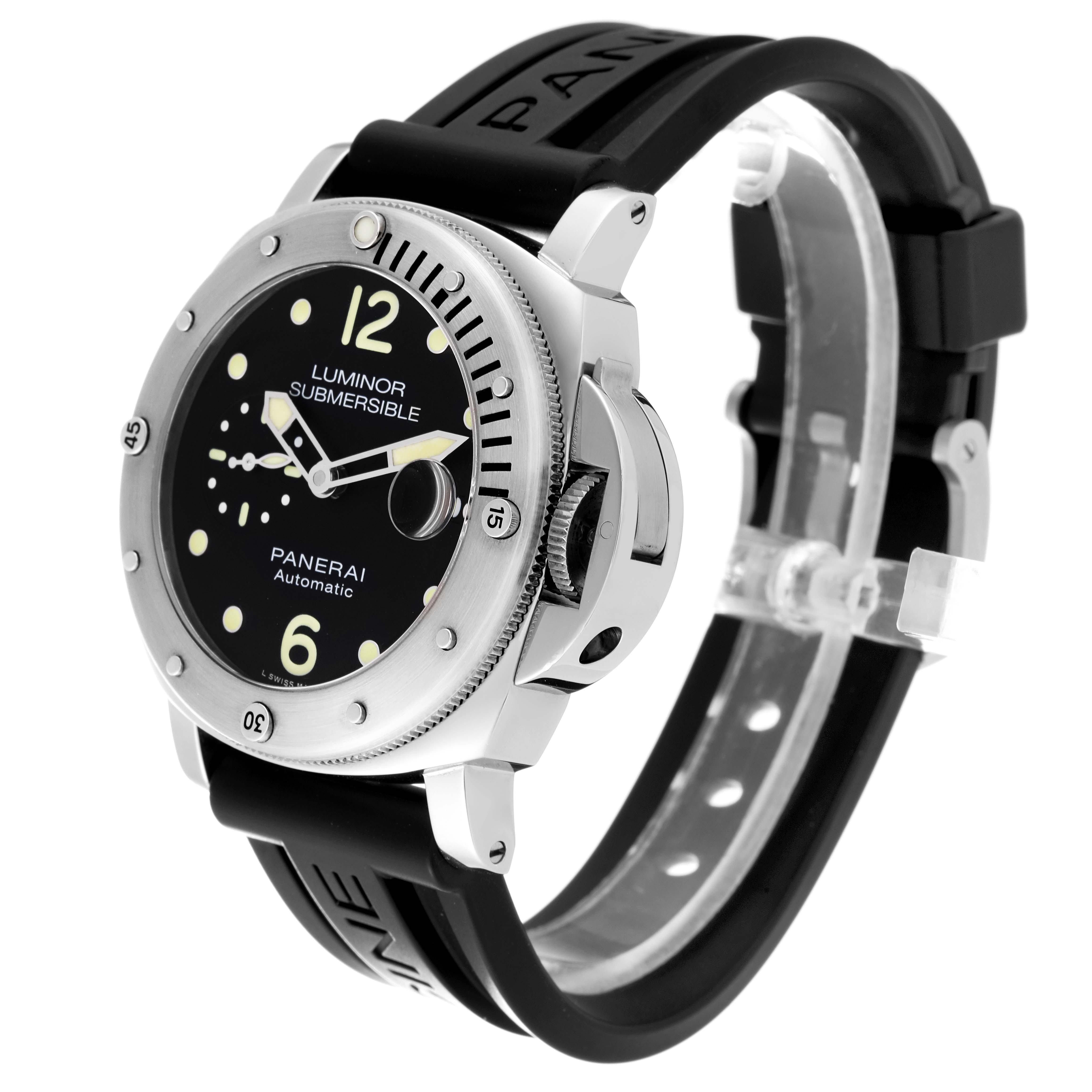 The Panerai Luminor Submersible watch is shown at an angle, highlighting the dial, bezel, case, and black rubber strap.