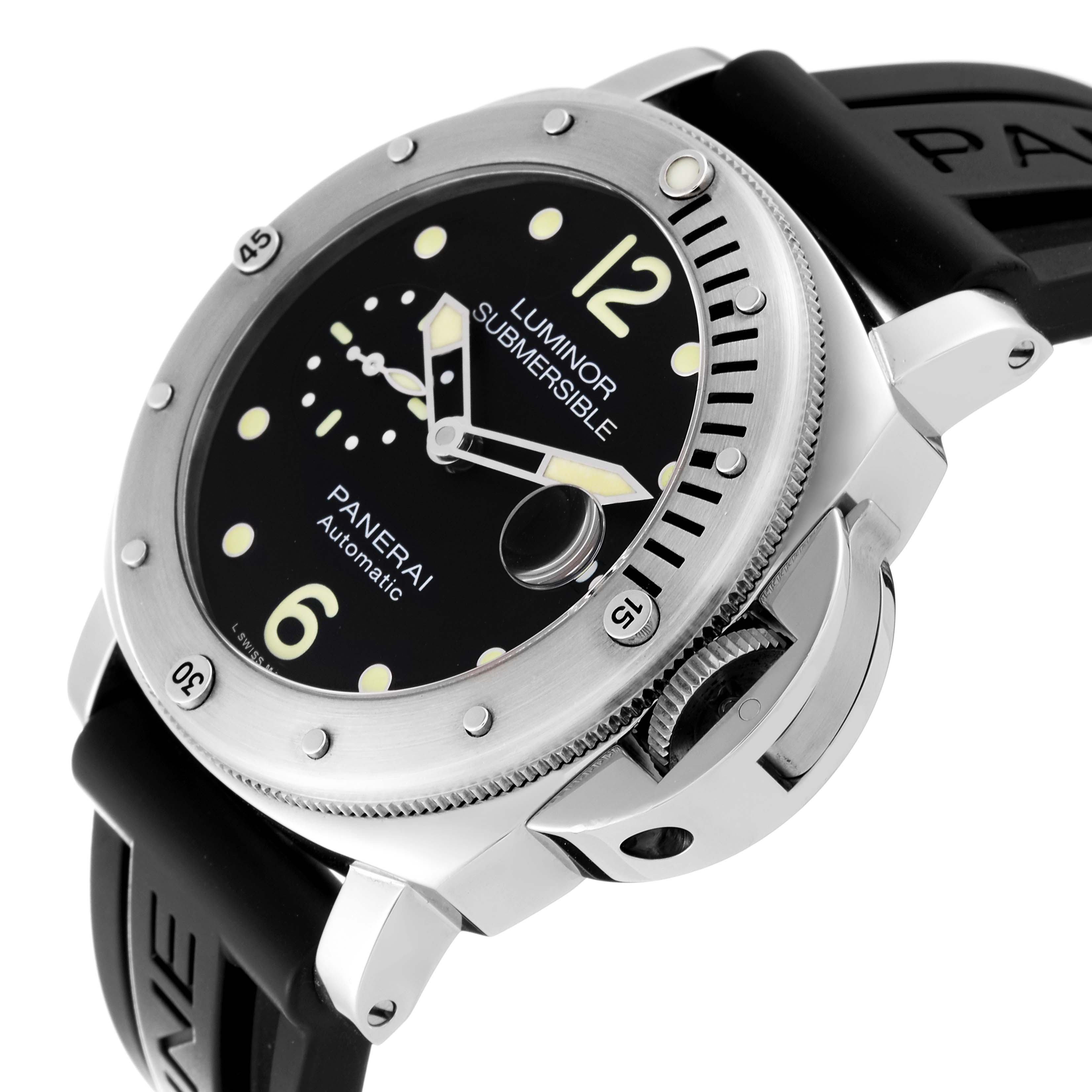 The image shows a side angle of the Panerai Submersible PAM01024 Men's Stainless Steel Black Dial PAM01024 Men's Stainless Steel Black Dial watch, highlighting the bezel, dial, and black rubber strap.
