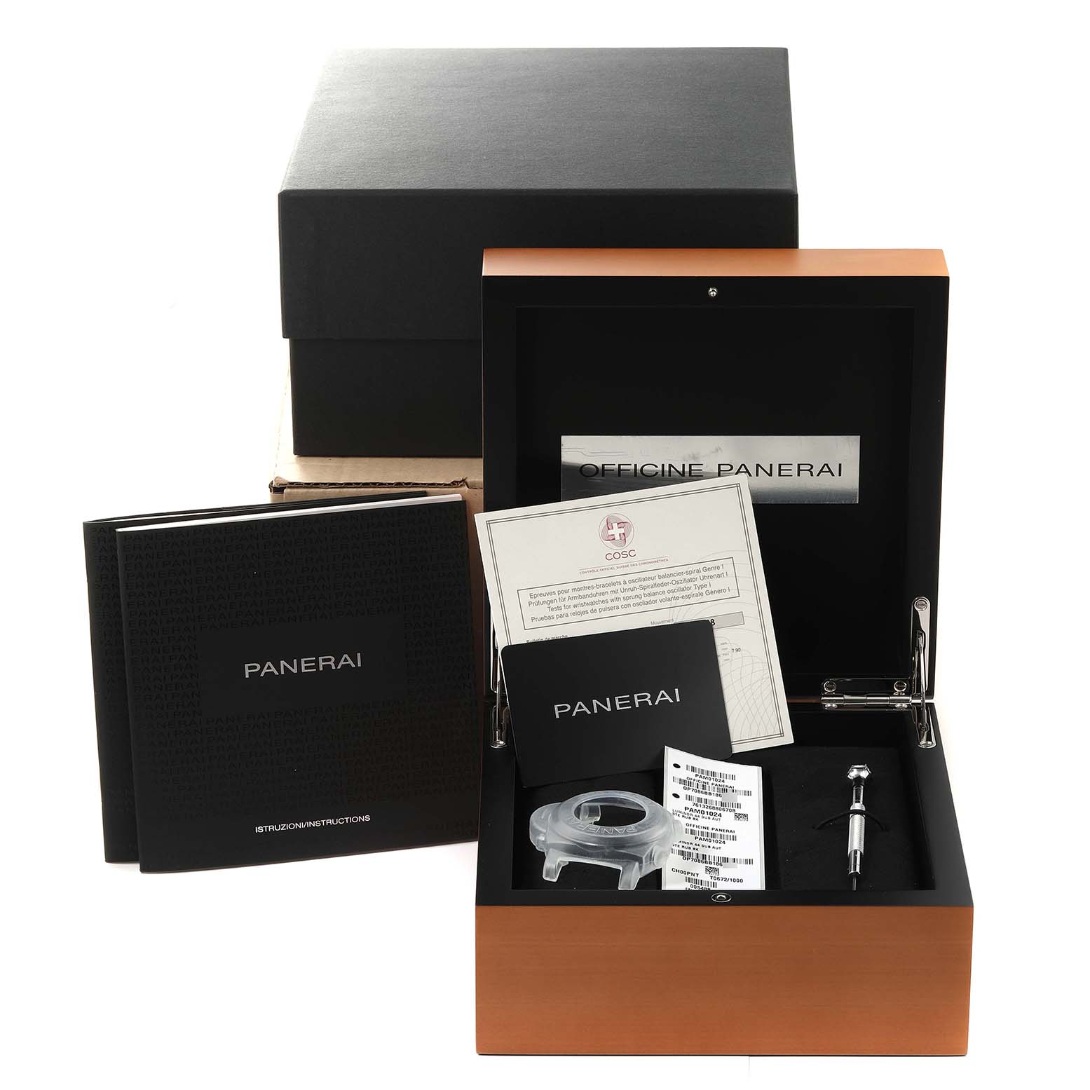 The image shows the Panerai Submersible PAM01024 Men's Stainless Steel Black Dial PAM01024 Men's Stainless Steel Black Dial packaging, including the watch box, manuals, certification, and an accessory tool.